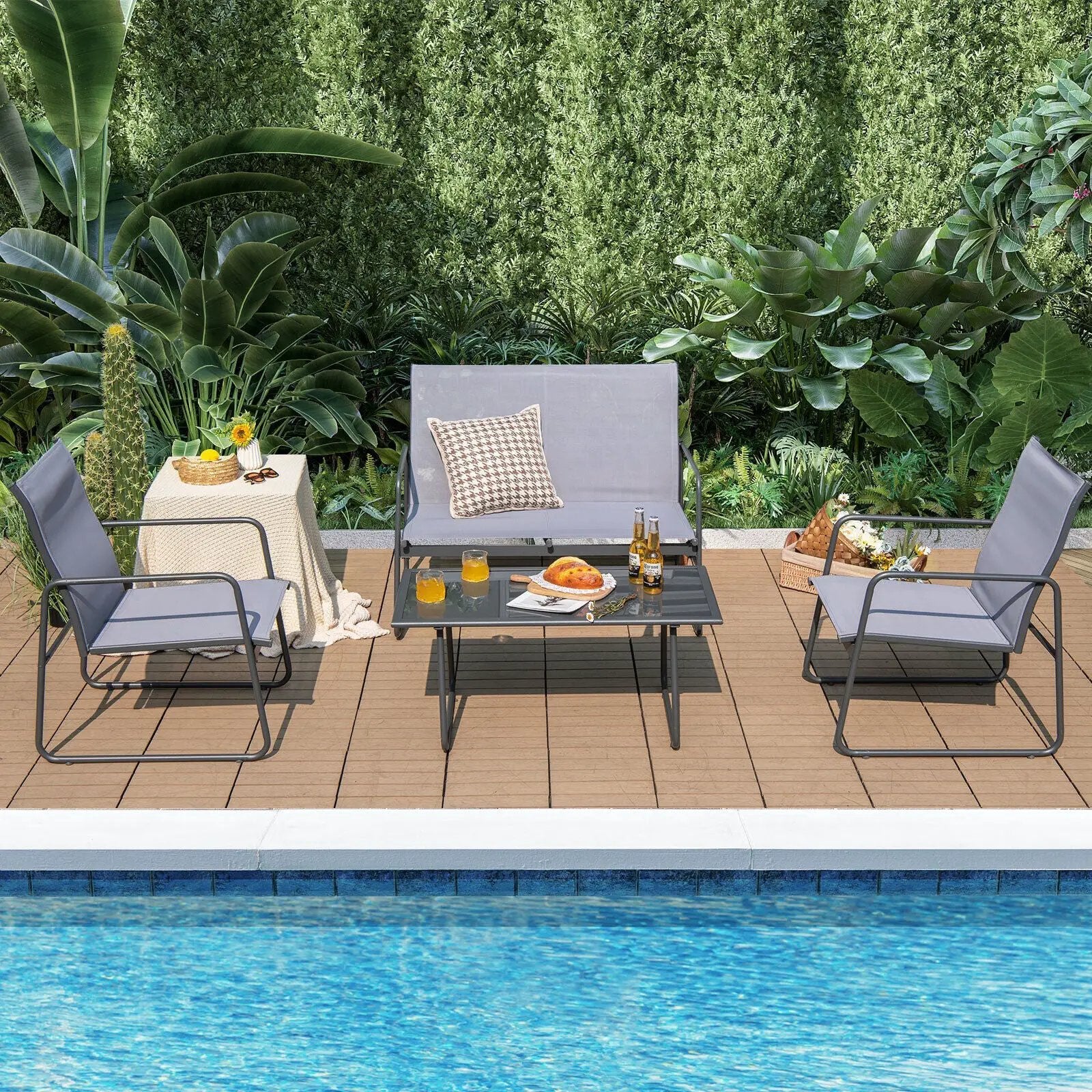 4 Pieces of Metal Patio Furniture Chat Set with Tempered Glass Coffee Table by DirectDeals