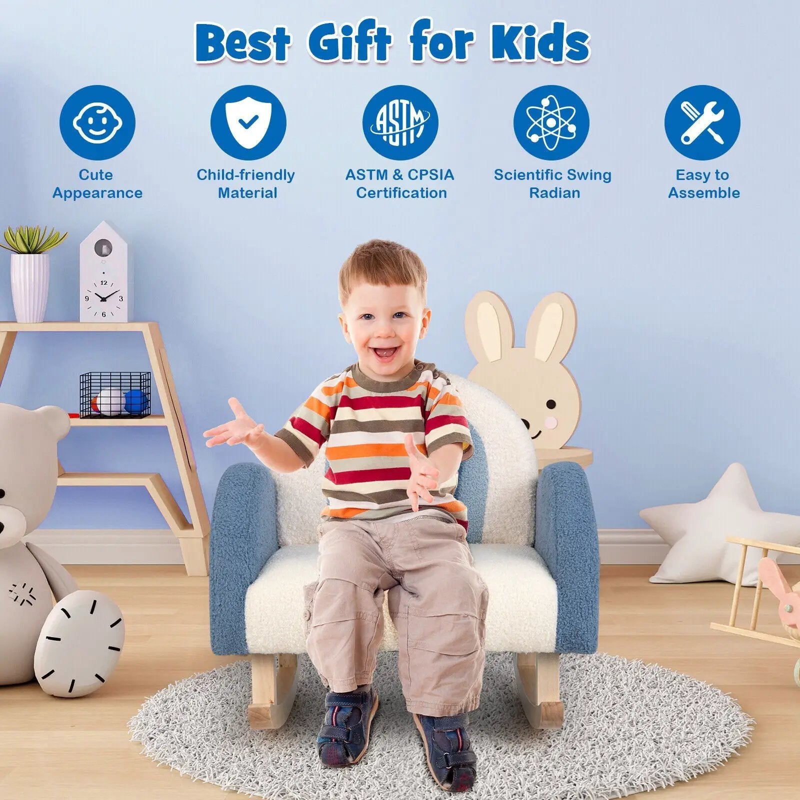 Kids Rocking Chair Children Velvet Upholstered Sofa with Solid Wood Legs by DirectDeals