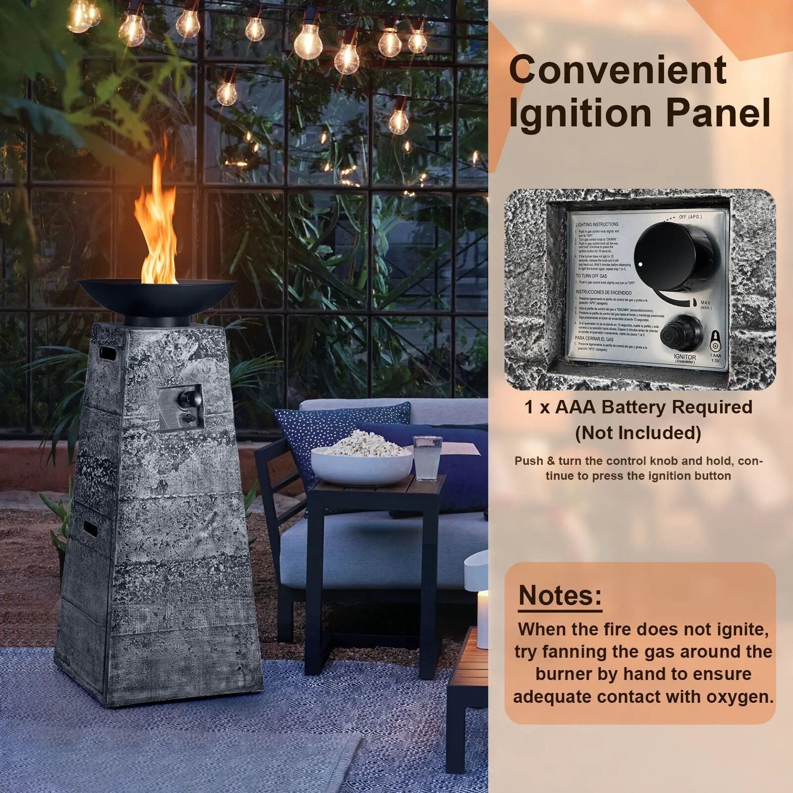 48 Inch Propane Fire Bowl Column with Lava Rocks and PVC Cover-Gray by DirectDeals