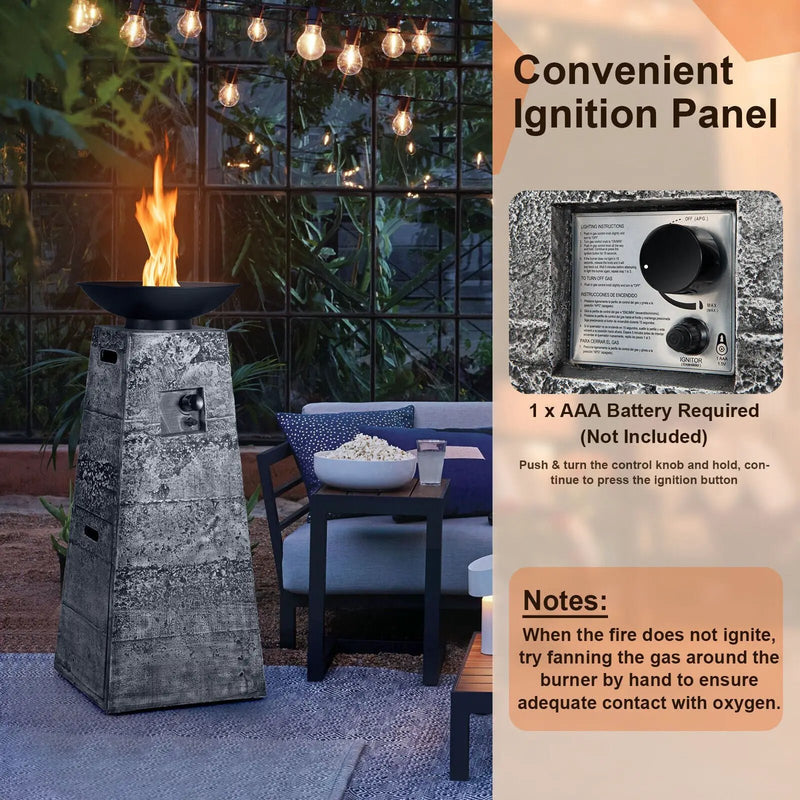 48 Inch Propane Fire Bowl Column with Lava Rocks and PVC Cover-Gray by DirectDeals