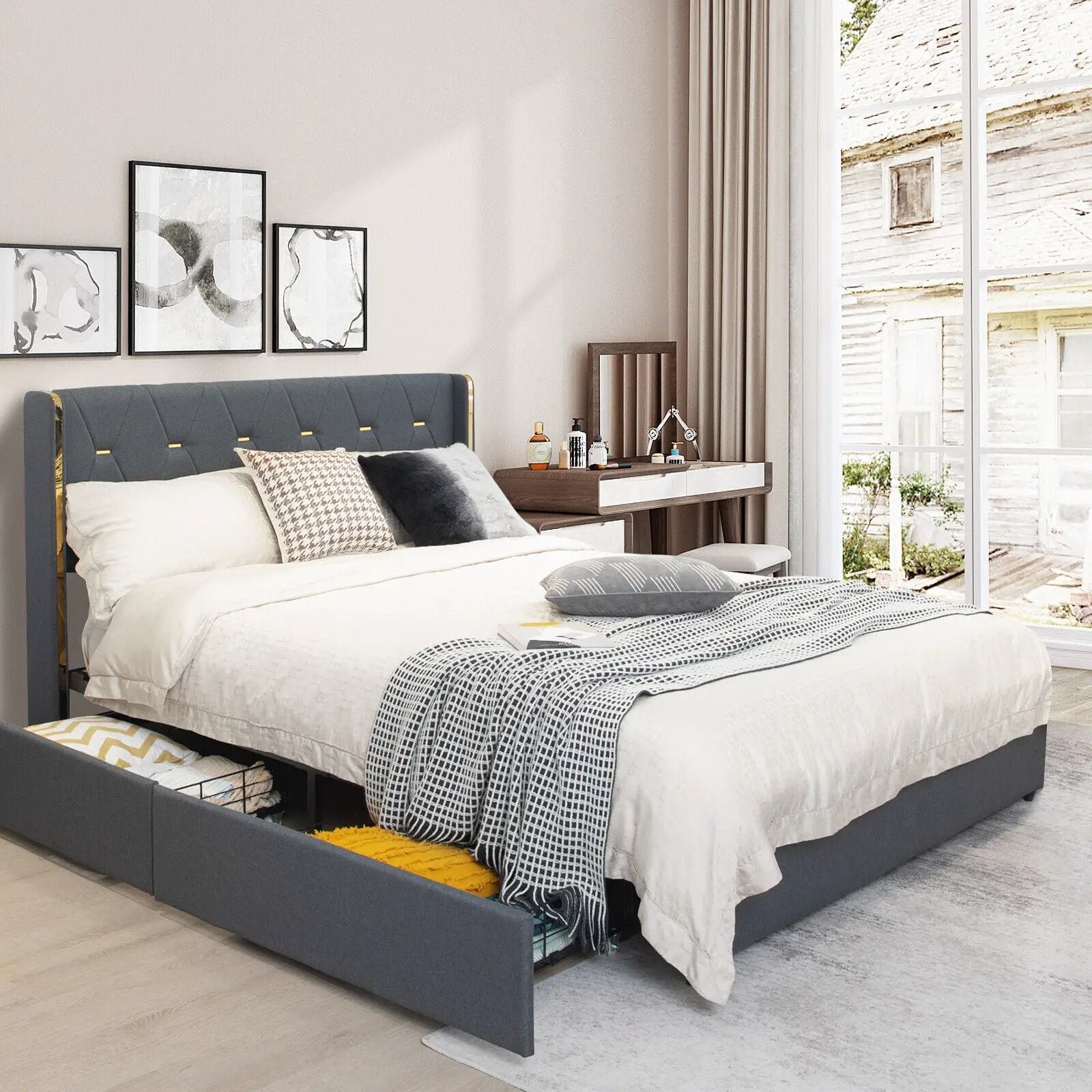 Full/Queen Size Upholstered Bed Frame with 4 Storage Drawers by DirectDeals