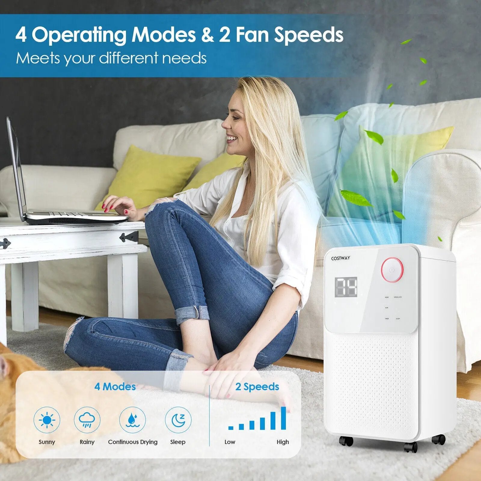 32 Pints 2000 Sq. Ft Dehumidifier for Home and Basements with 3-Color Digital Display-White by DirectDeals