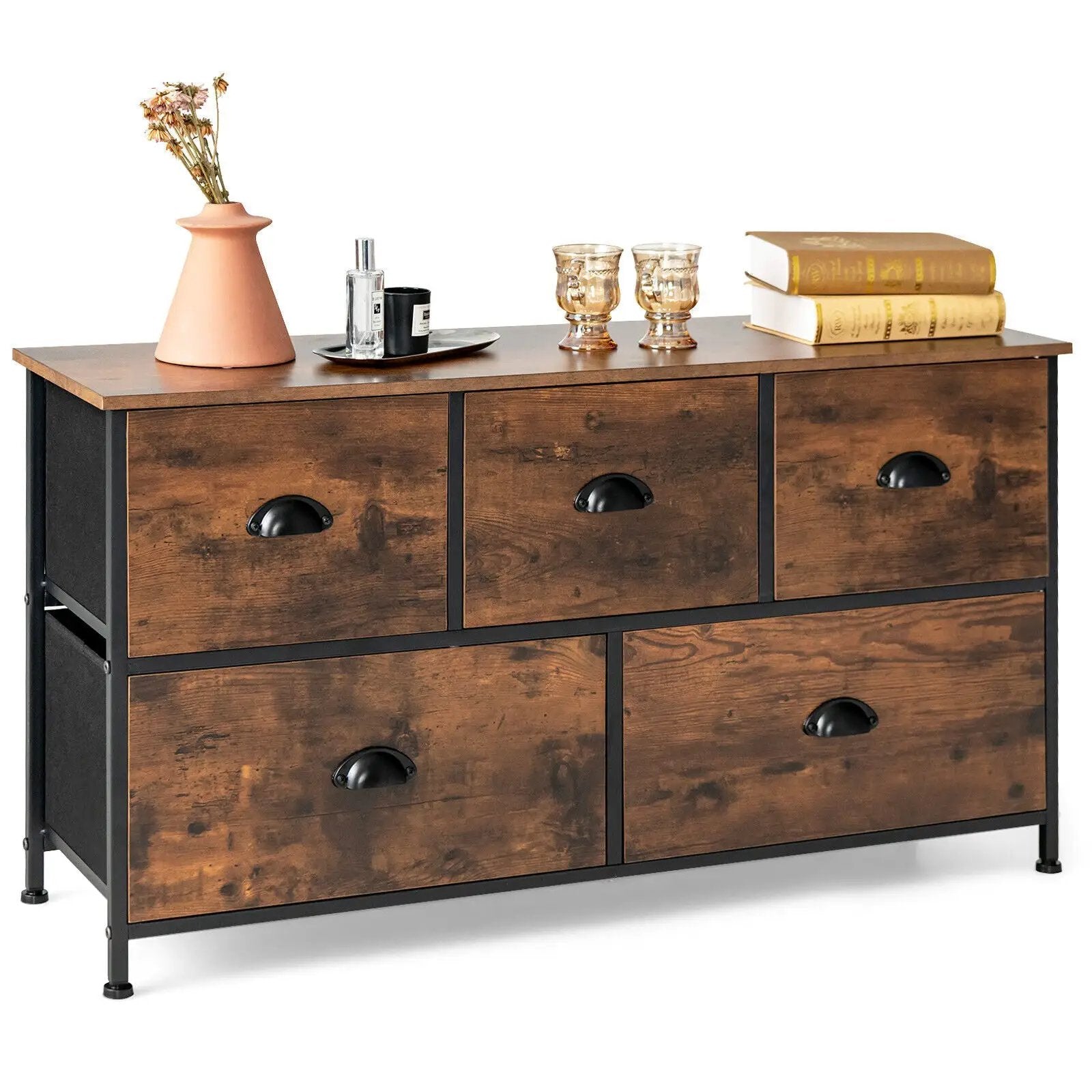 Dresser Organizer with 5 Drawers and Wooden Top-Rustic Brown by DirectDeals