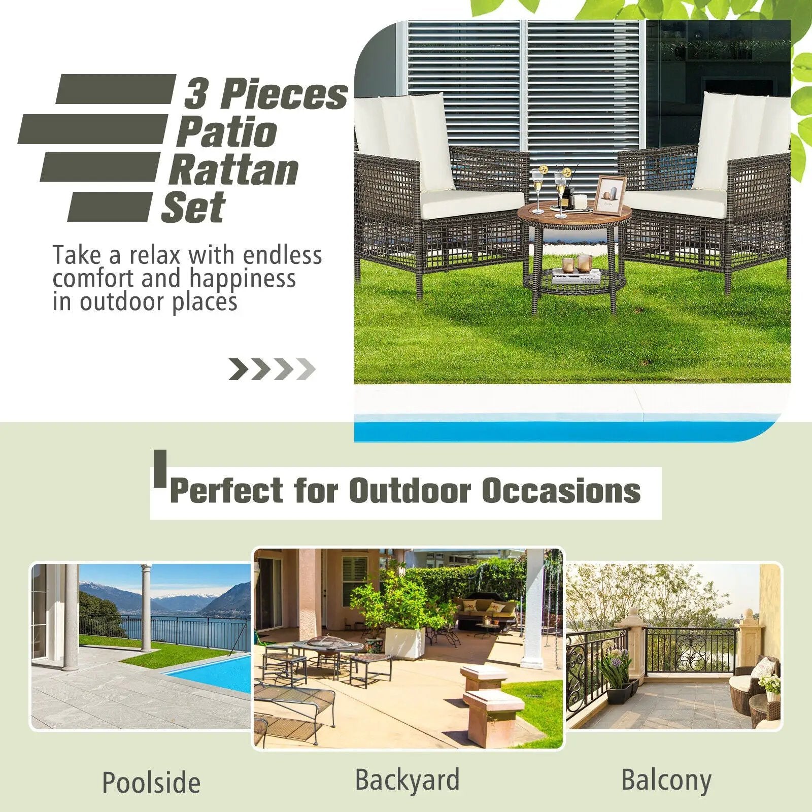 3 Pieces Patio Rattan Furniture Set with Cushioned Sofas and Wood Table Top-White by DirectDeals