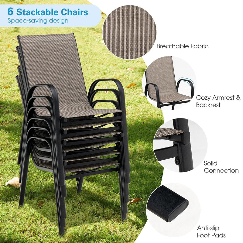 6 Pieces Patio Stackable Dining Chairs with Curved Armrests and Breathable Fabric by DirectDeals