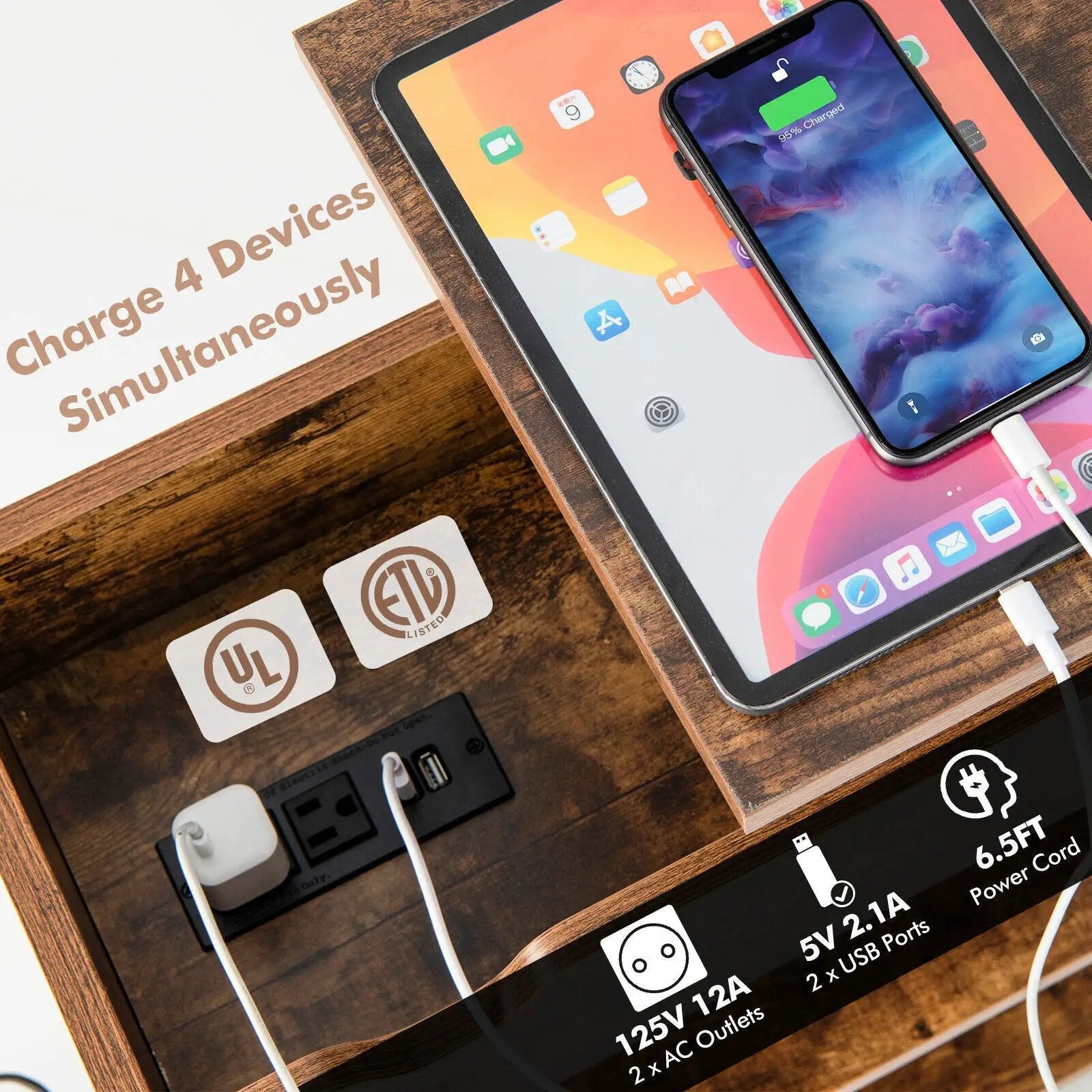 Lift Top End Table with Charging Station and Universal Wheels-Rustic Brown by DirectDeals