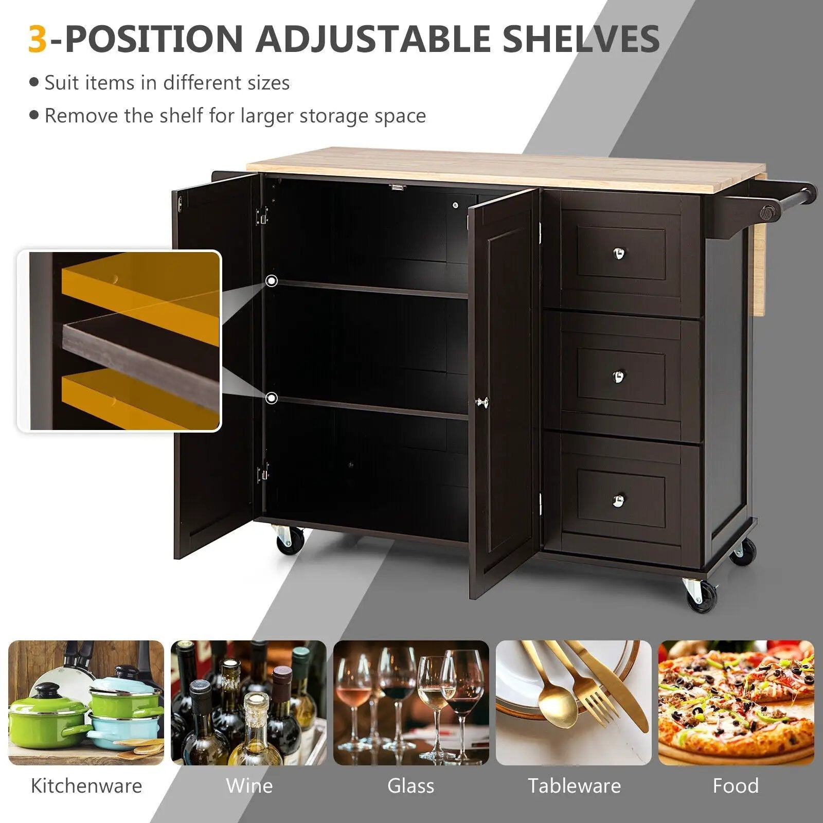 Kitchen Island Trolley Cart Wood with Drop-Leaf Tabletop and Storage Cabinet by DirectDeals