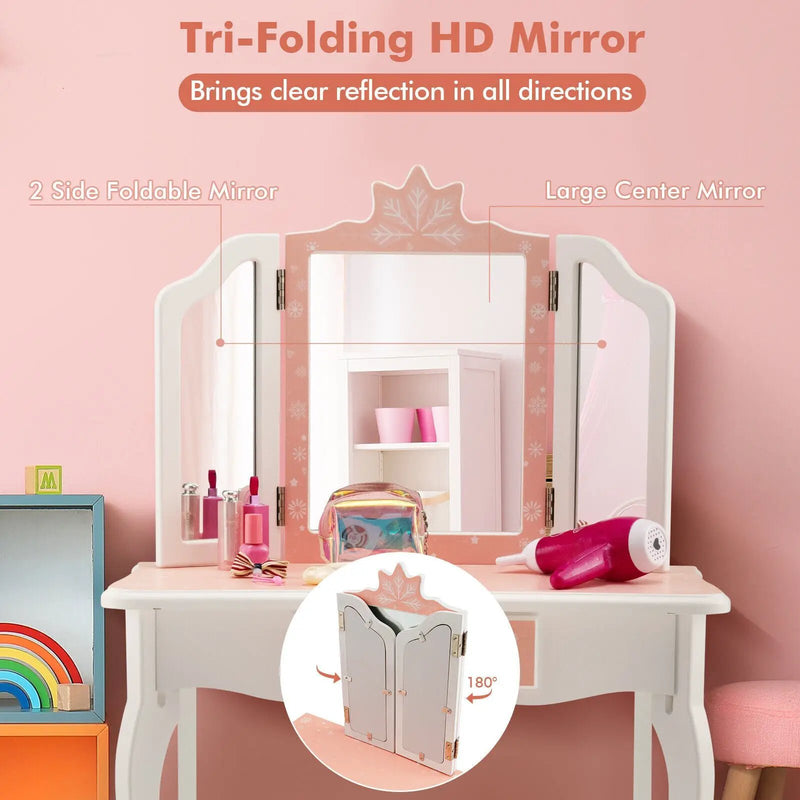 Princess Vanity Table and Chair Set with Tri-Folding Mirror and Snowflake Print-Pink by DirectDeals