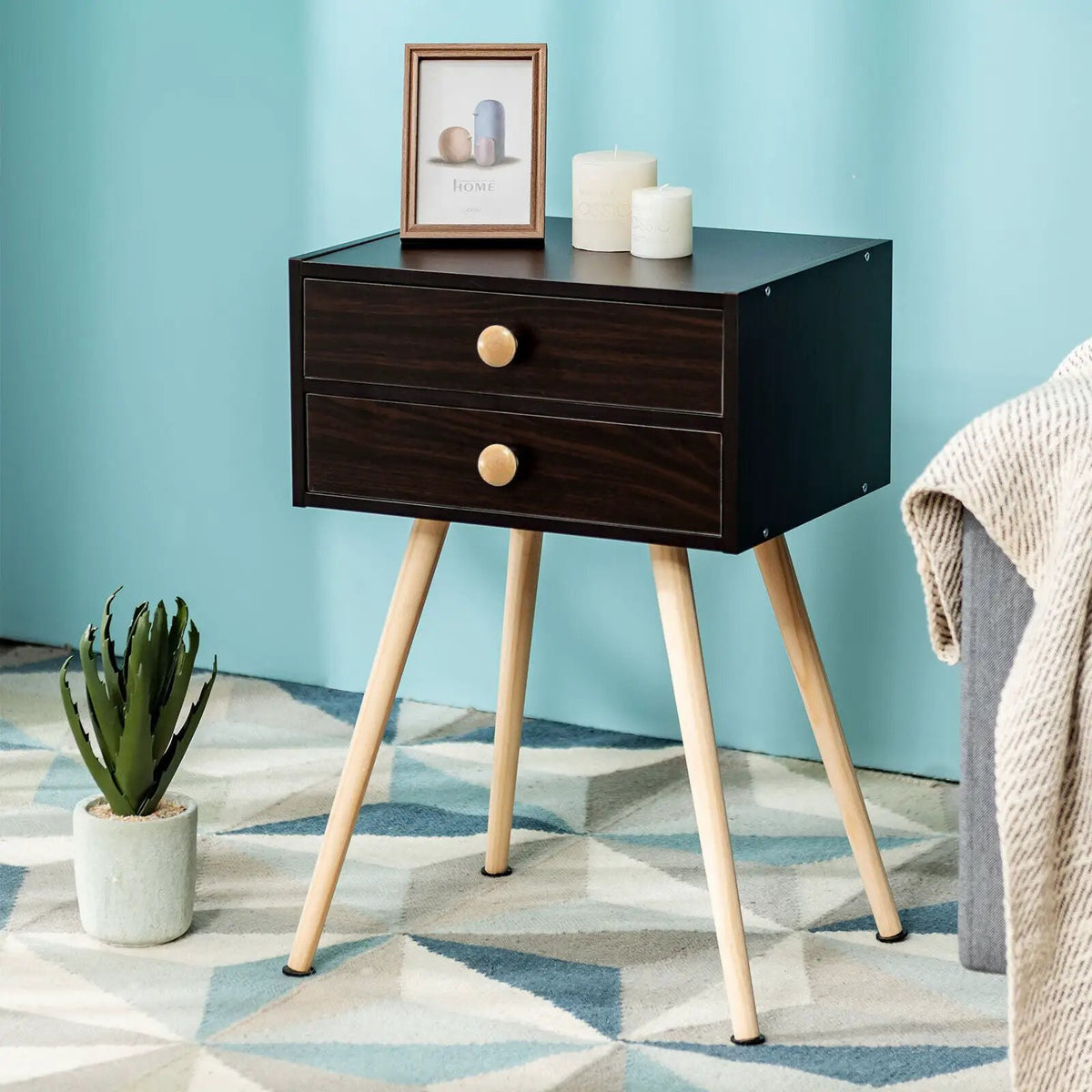 Modern Nightstand Bedside Table Mid Century with 2 Drawers-Natural, photo 6 of 10