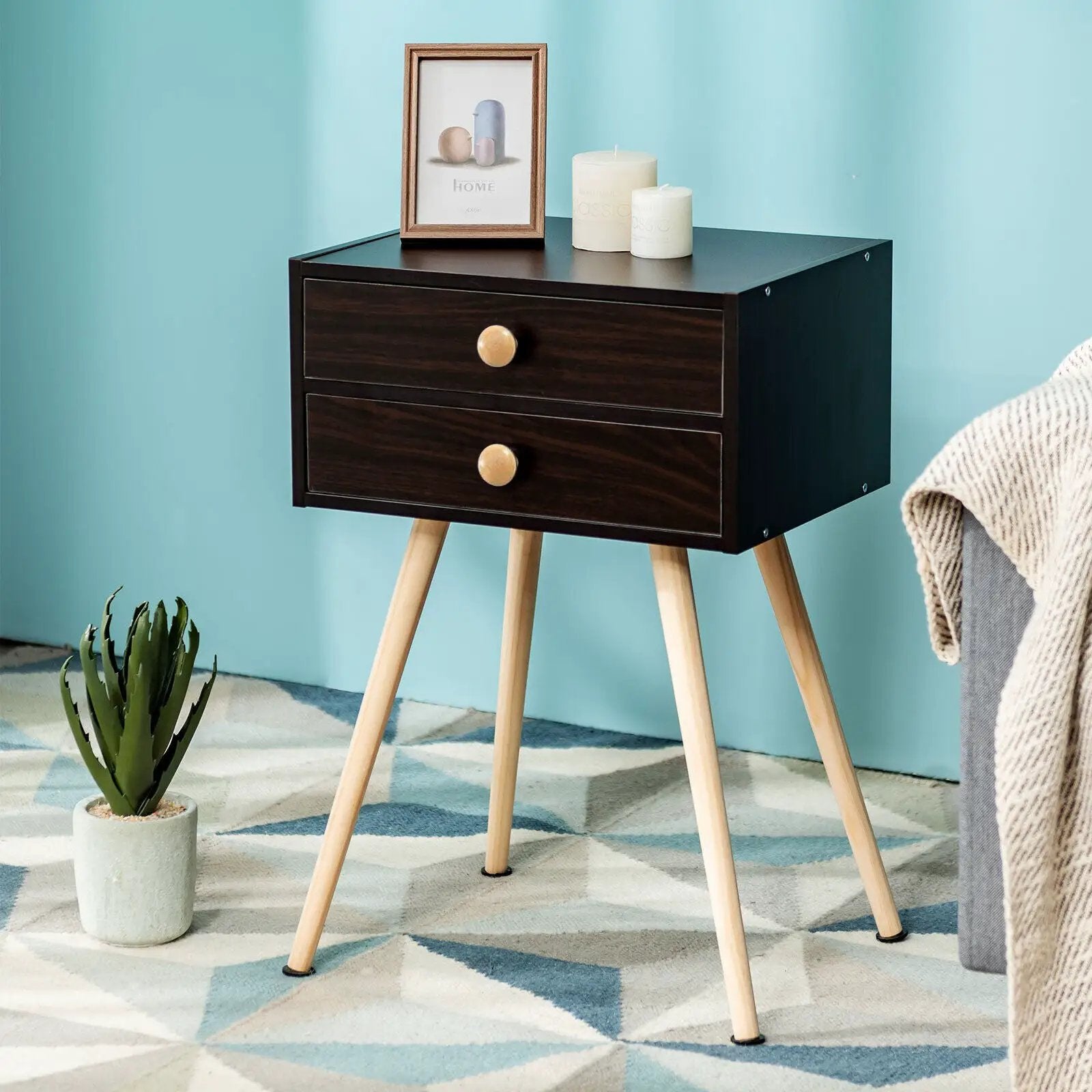 Modern Nightstand Bedside Table Mid Century with 2 Drawers-Natural by DirectDeals
