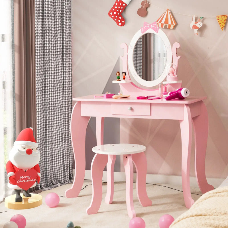 Kid Vanity Table Stool Set with Oval Rotatable Mirror-Pink by DirectDeals
