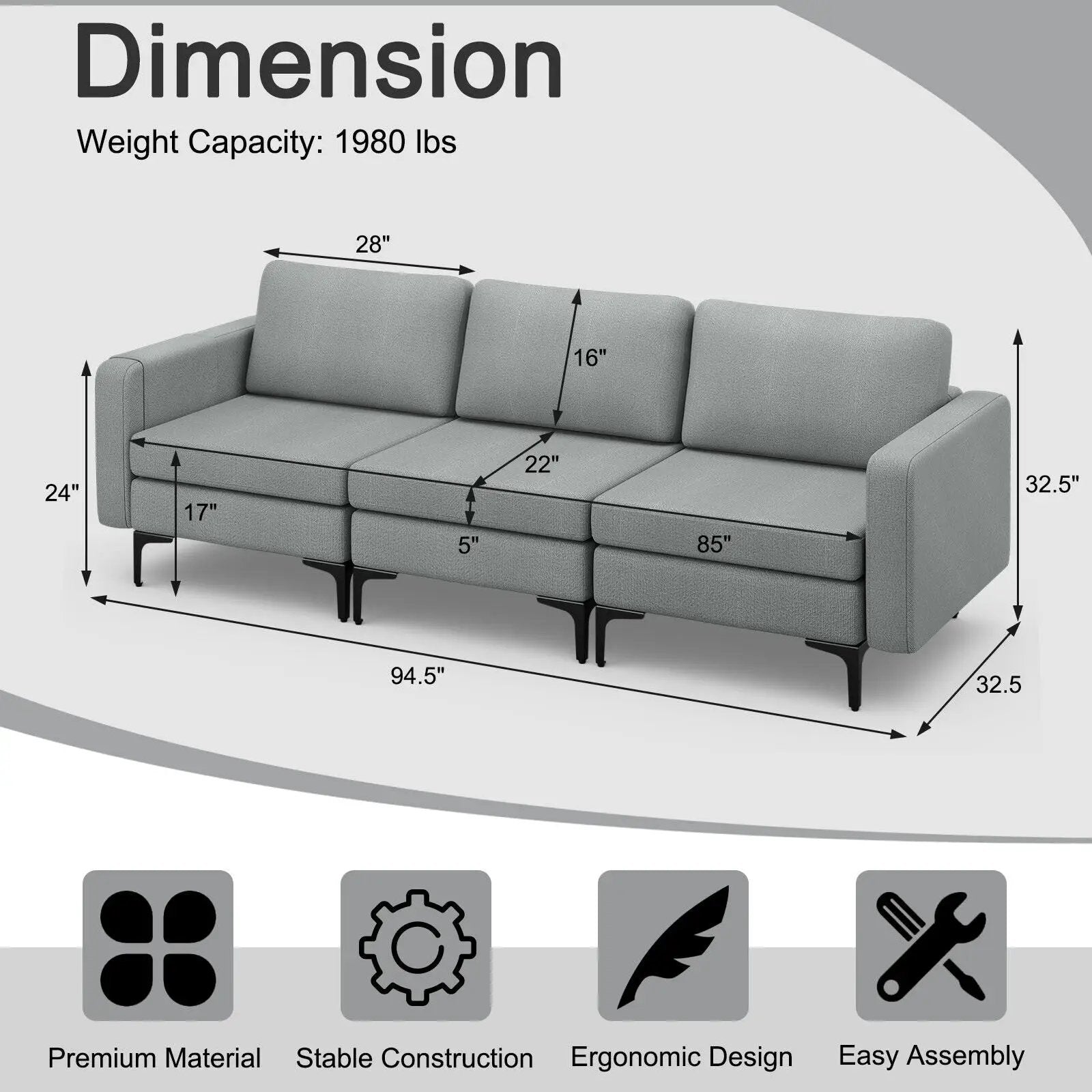 3-Seat Sectional Sofa Couch with Armrest Magazine Pocket and Metal Leg by DirectDeals