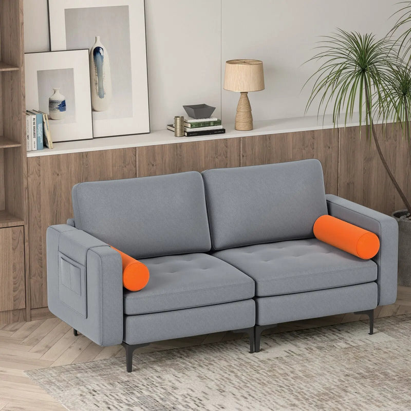 Modern Loveseat Sofa with 2 Bolsters and Side Storage Pocket-Gray by DirectDeals