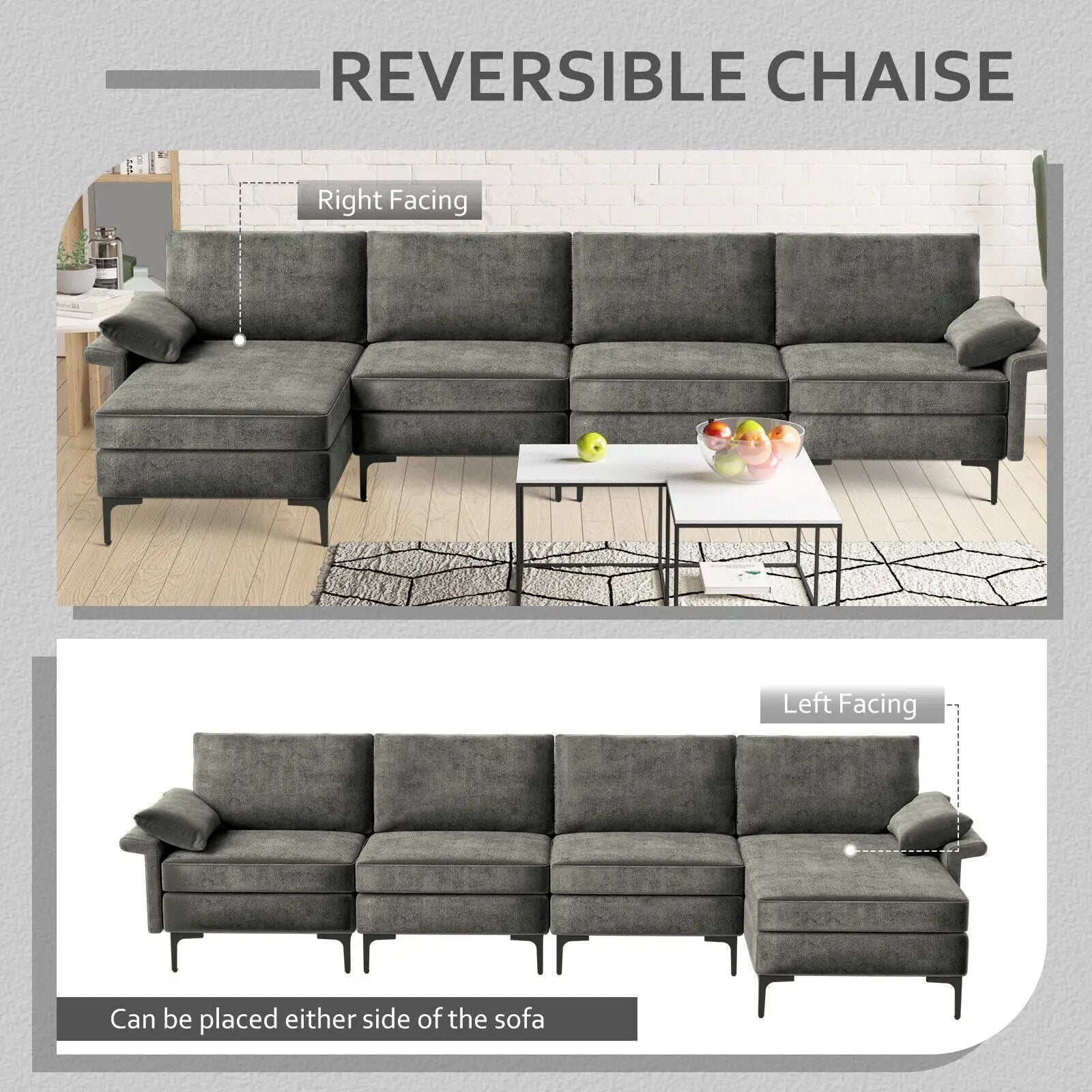 Extra Large L-shaped Sectional Sofa with Reversible Chaise and 2 USB Ports for 4-5 People by DirectDeals