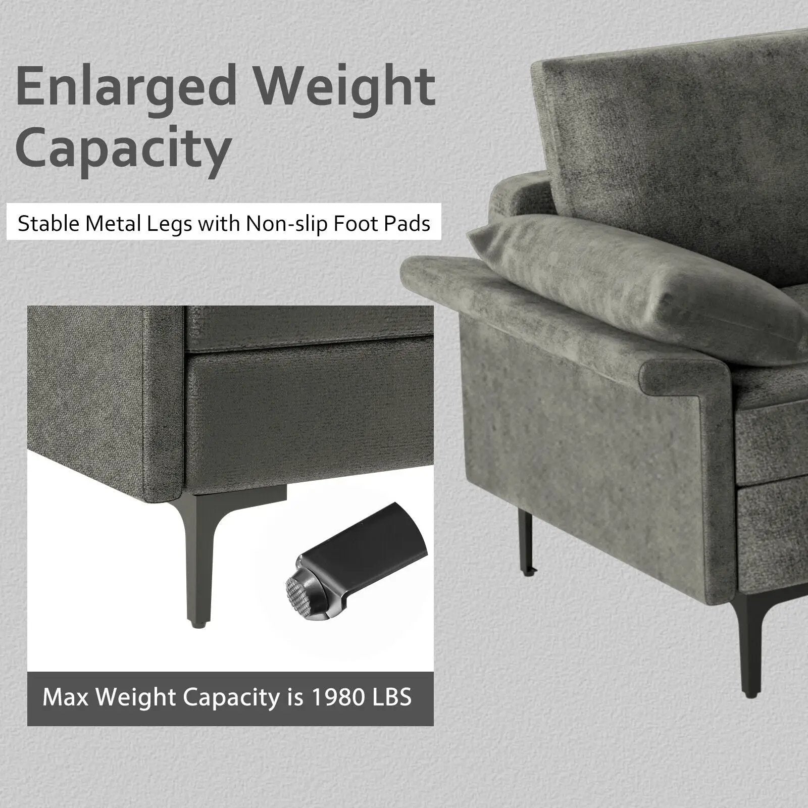 Large 3-Seat Sofa Sectional with Metal Legs for 3-4 people by DirectDeals