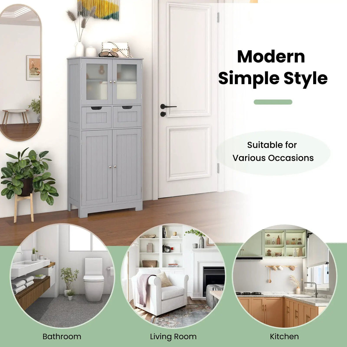 3 Tier Freee-Standing Bathroom Cabinet with 2 Drawers and Glass Doors, photo 7 of 10