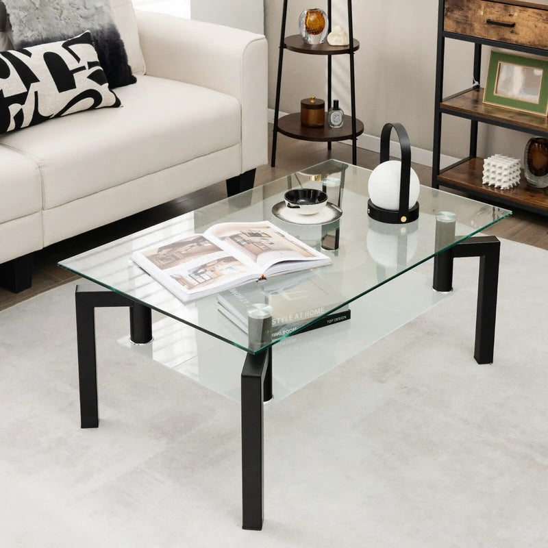 2-Tier Rectangular Glass Coffee Table with Metal Tube Legs-Black by DirectDeals