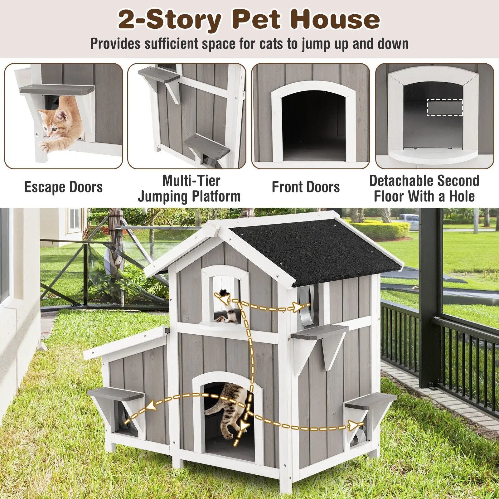 2-Story Outdoor Wooden Feral Cat House with Escape Door-Grey by DirectDeals