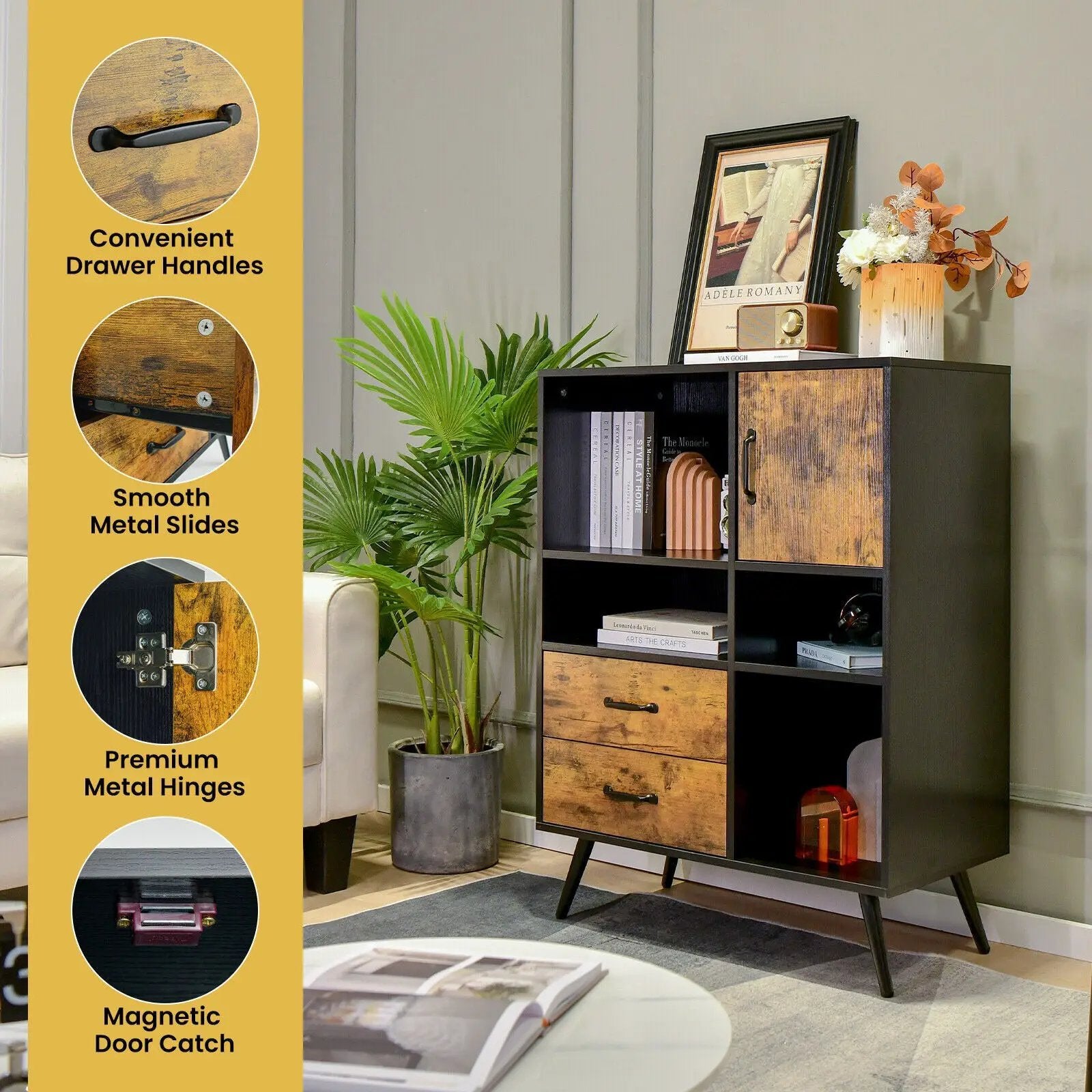 Industrial Buffet Sideboard Kitchen Cupboard with Cubbies Drawers-Rustic Brown by DirectDeals