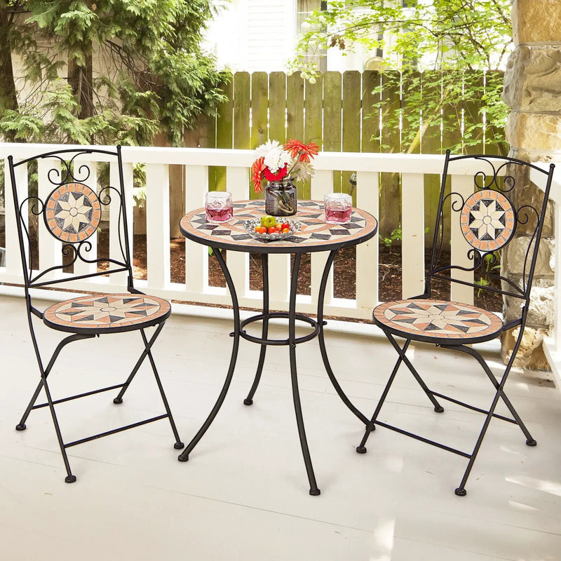 3 Pieces Patio Bistro Set with 1 Round Mosaic Table and 2 Folding Chairs by DirectDeals