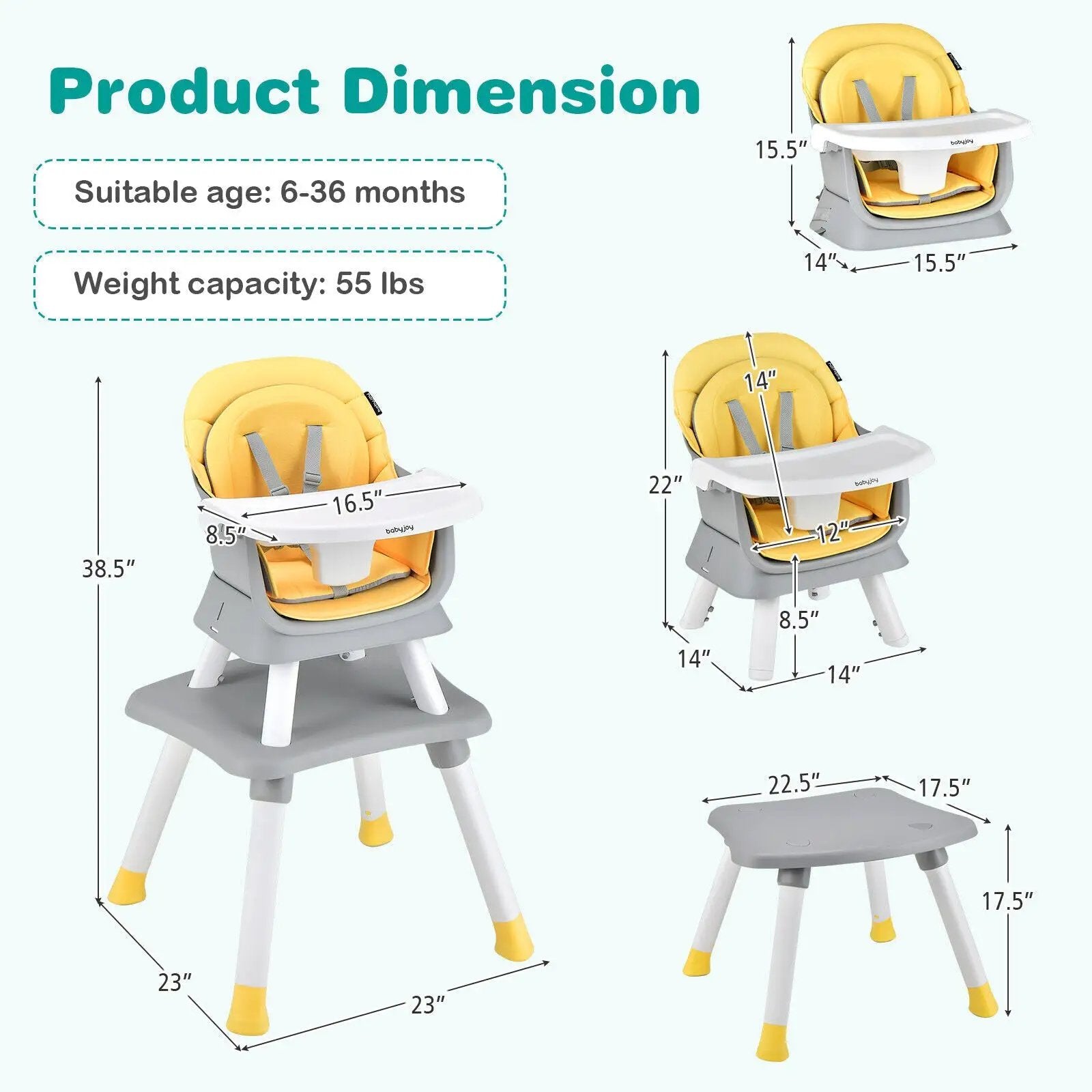 6-in-1 Convertible Baby High Chair with Adjustable Removable Tray by DirectDeals