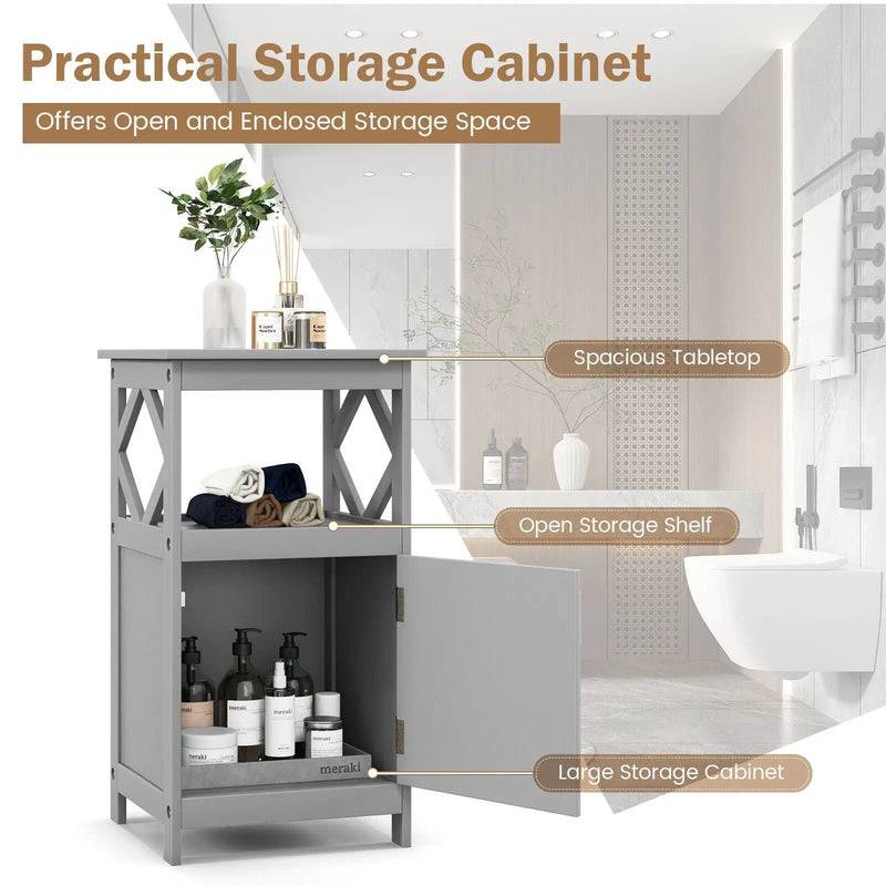 Bathroom Floor Cabinet Side Storage Organizer with Open Shelf and Single Door-Gray by DirectDeals