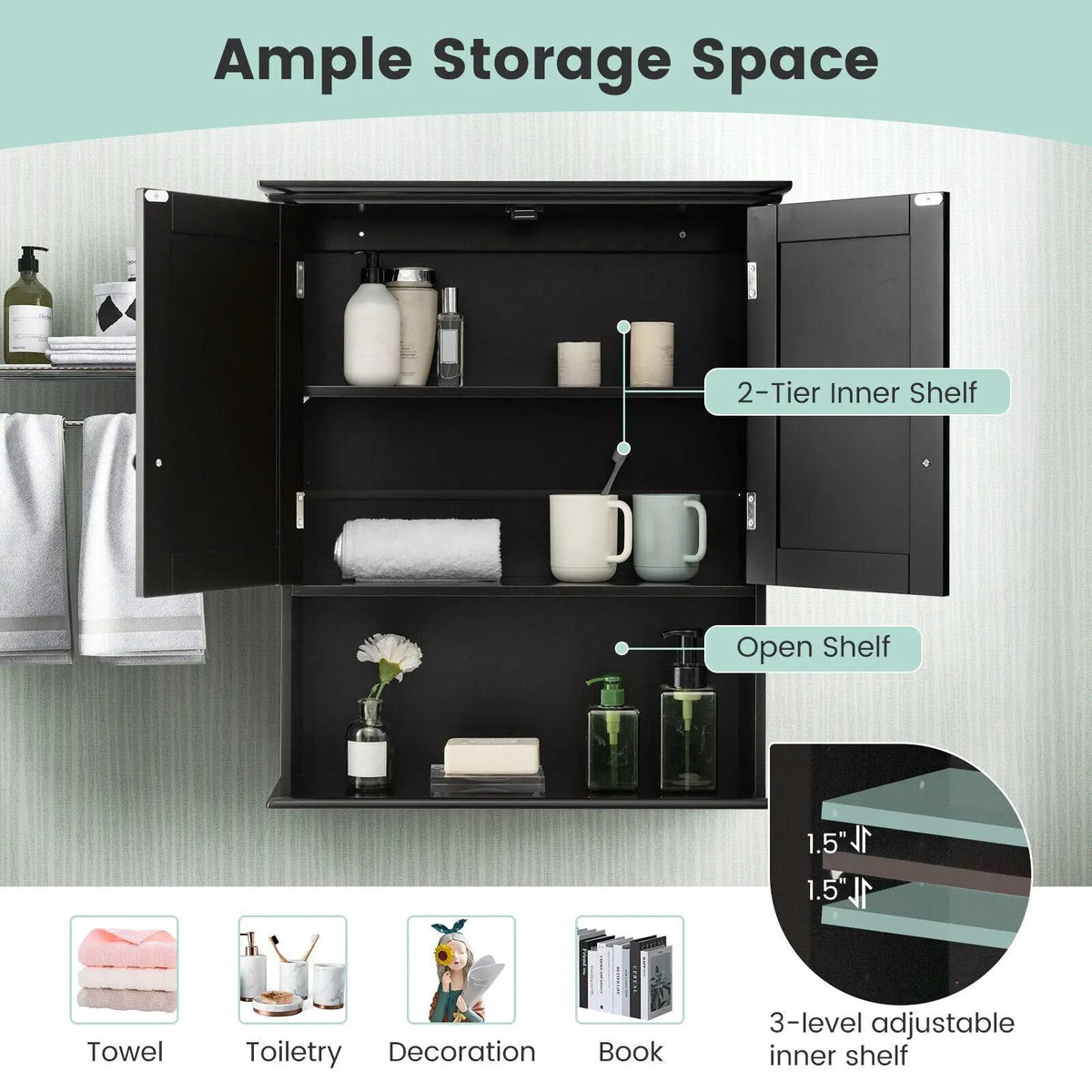 2-Door Wall Mount Bathroom Storage Cabinet with Open Shelf by DirectDeals