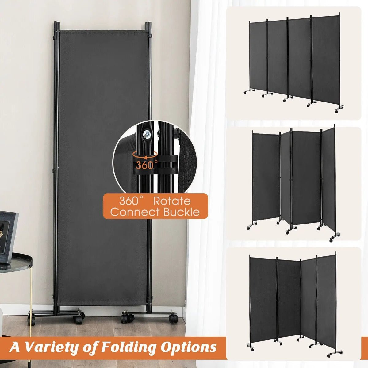 4-Panel Folding Room Divider 6 Feet Rolling Privacy Screen with Lockable Wheels, photo 7 of 11