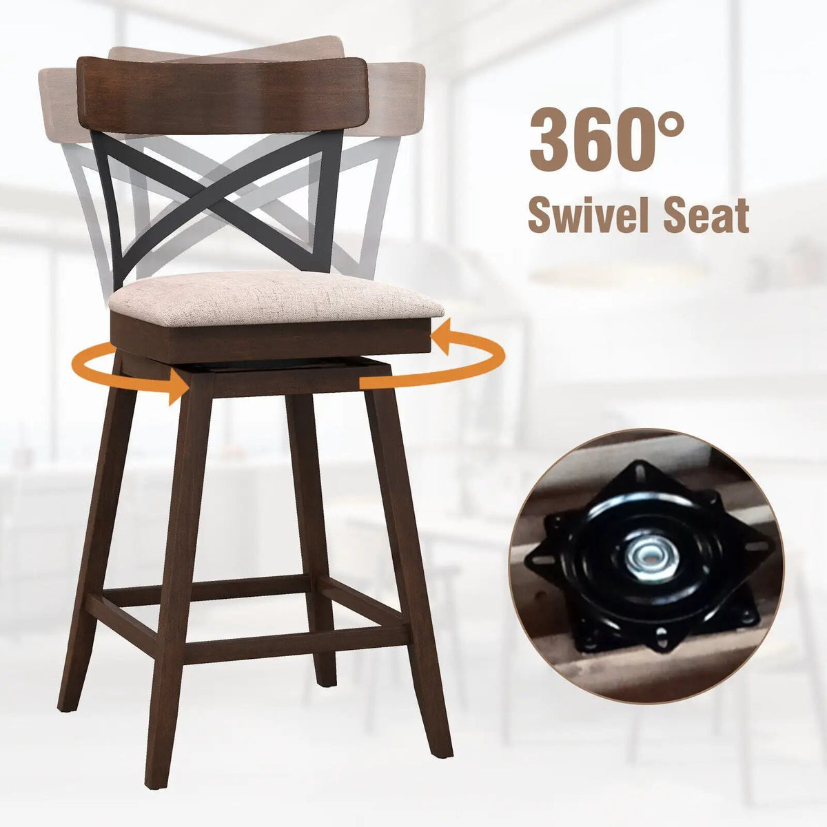 Set of 2 Wooden Swivel Bar Stools with Cushioned Seat and Open X Back, photo 6 of 9