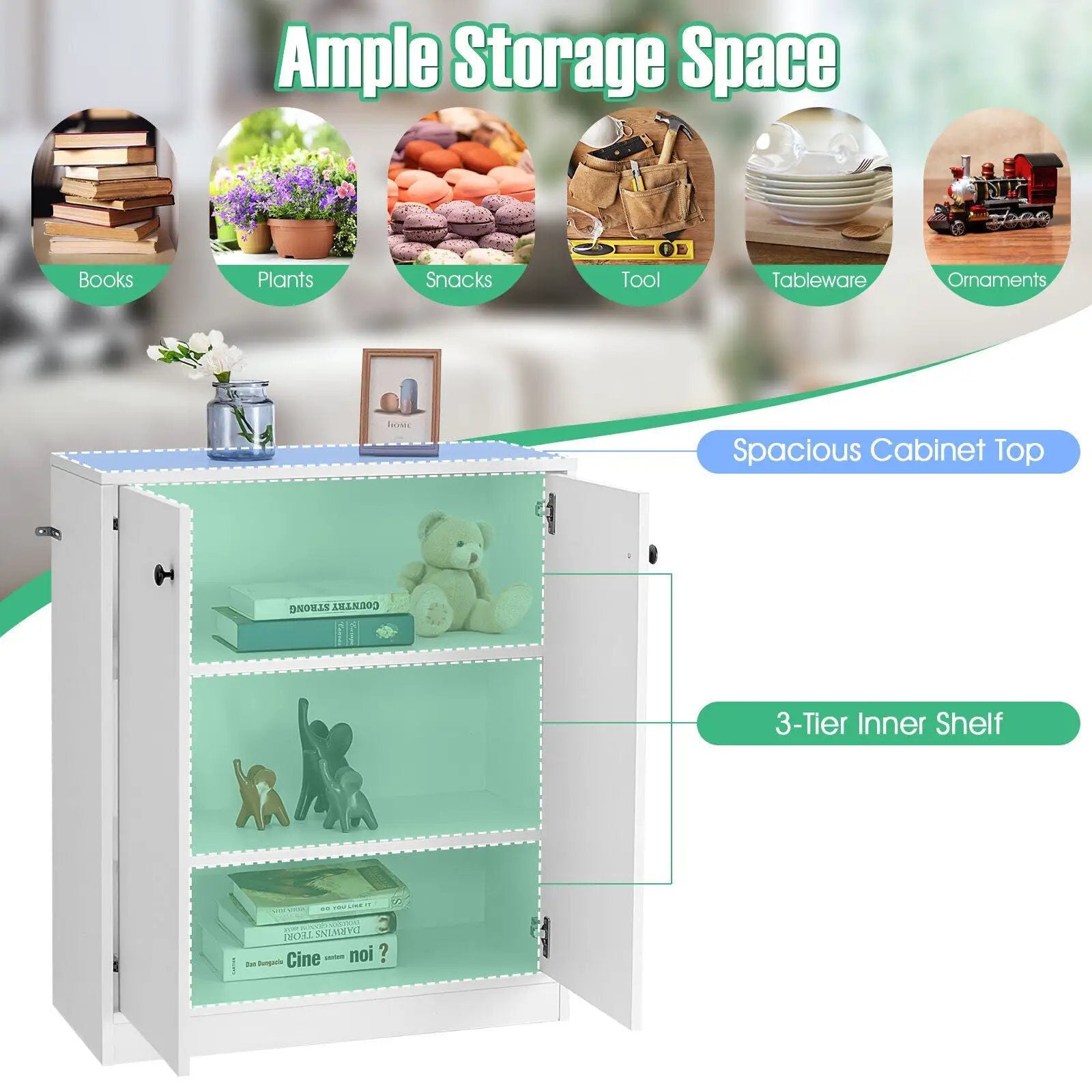 2 Door Storage Base Cabinet with 3-Tier Shelf-White by DirectDeals