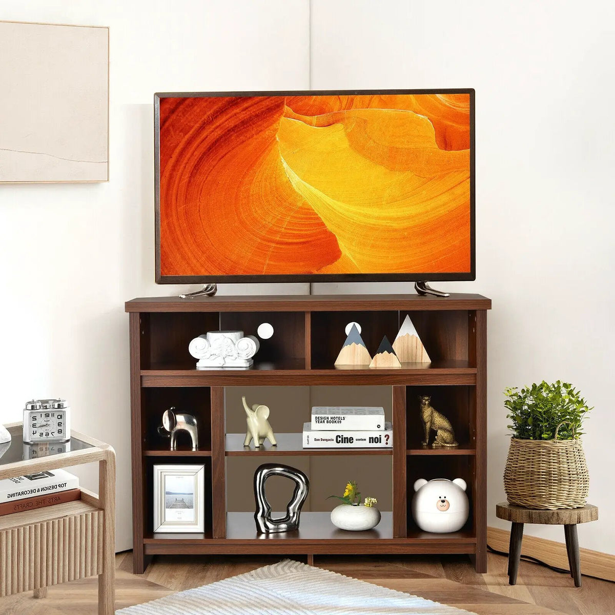Modern Corner TV Stand with Adjustable Shelves for TVs up to 48 Inch