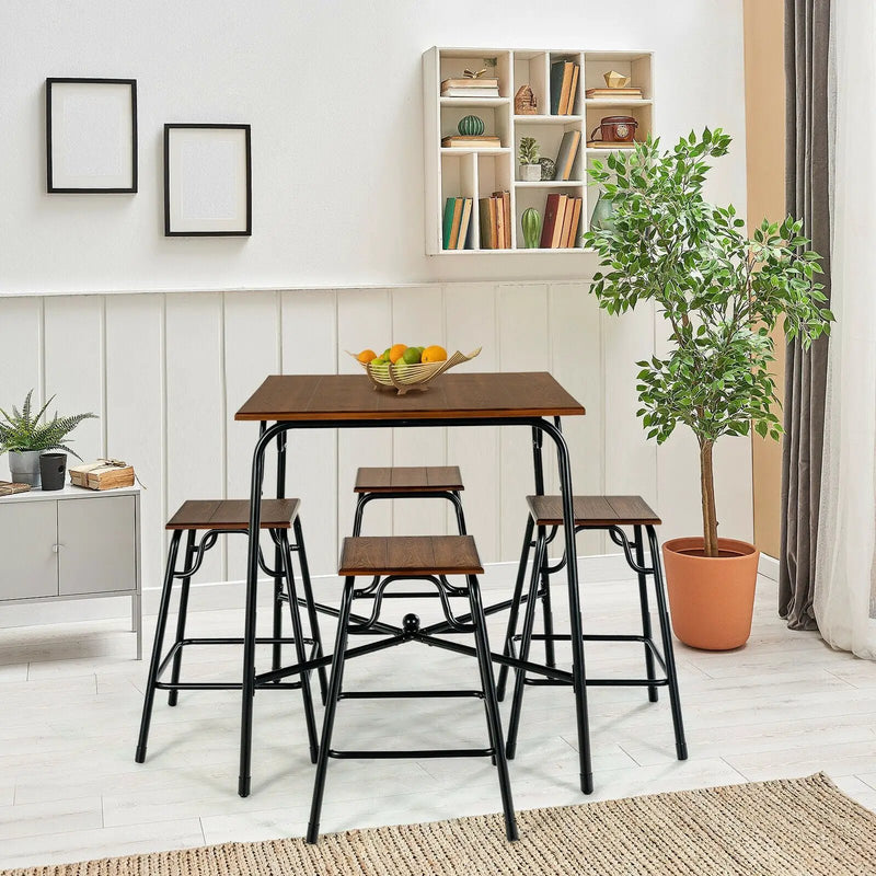 5 Pieces Bar Table Set with 4 Counter Height Backless Stools-Rustic Brown by DirectDeals