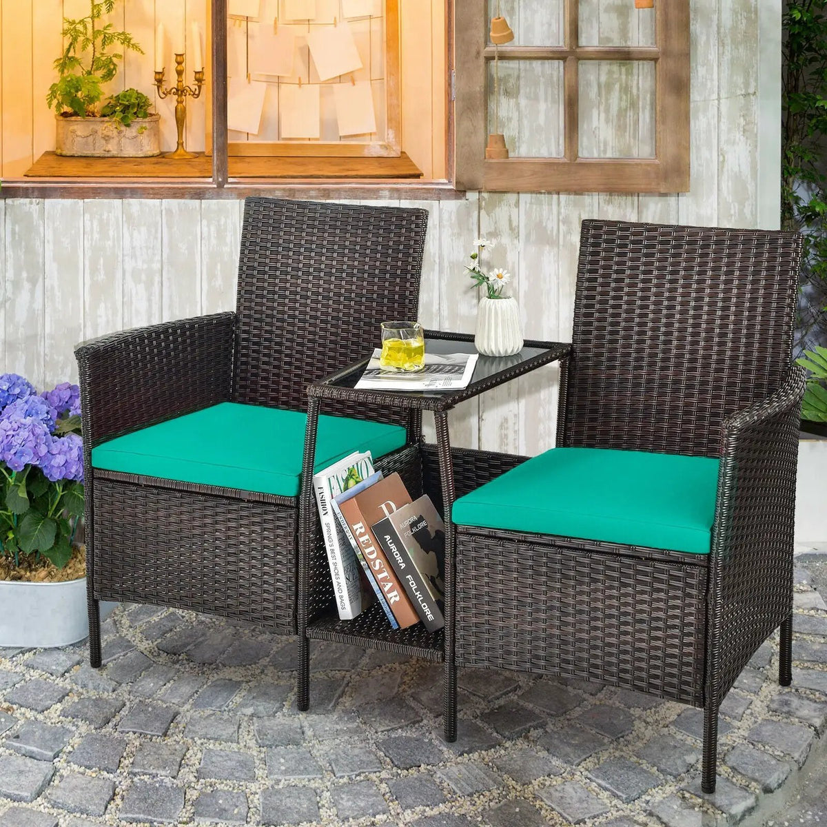 Patio Rattan Wicker Conversation Set Sofa Cushioned Loveseat Glass Table, photo 2 of 11