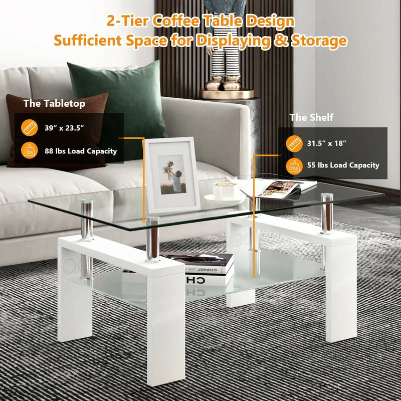 Rectangular Tempered Glass Coffee Table with Shelf by DirectDeals