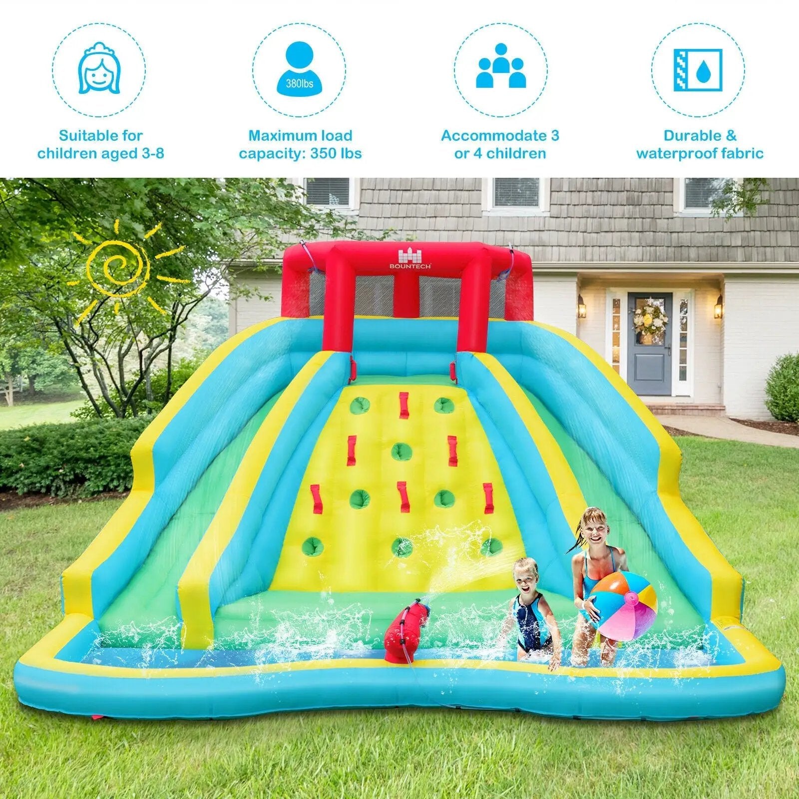 Double Side Inflatable Water Slide Park with Climbing Wall for Outdoor Without Blower by DirectDeals