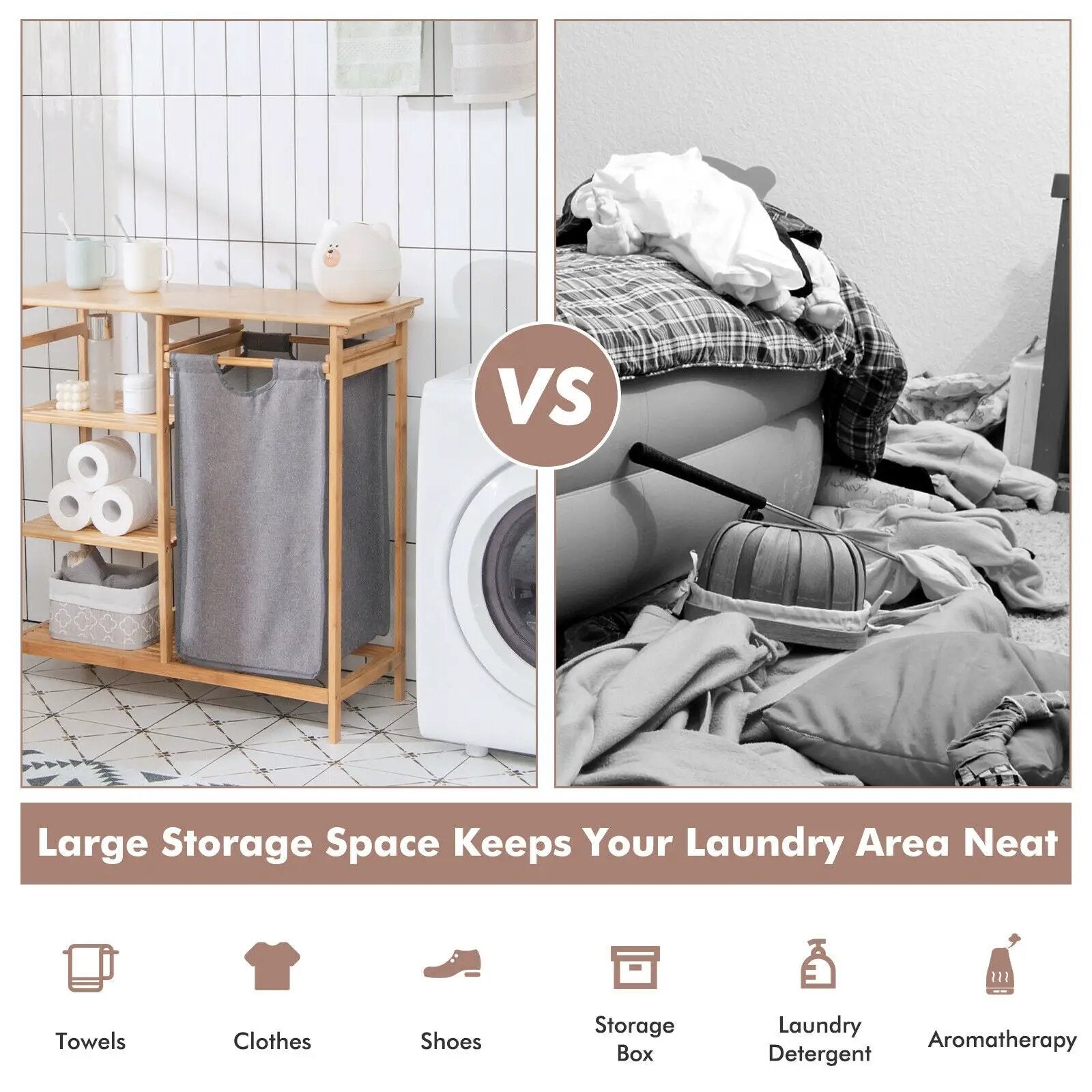 Bamboo Laundry Hamper Stand with Removable Sliding Bag and 3-Tier Open Shelves by DirectDeals