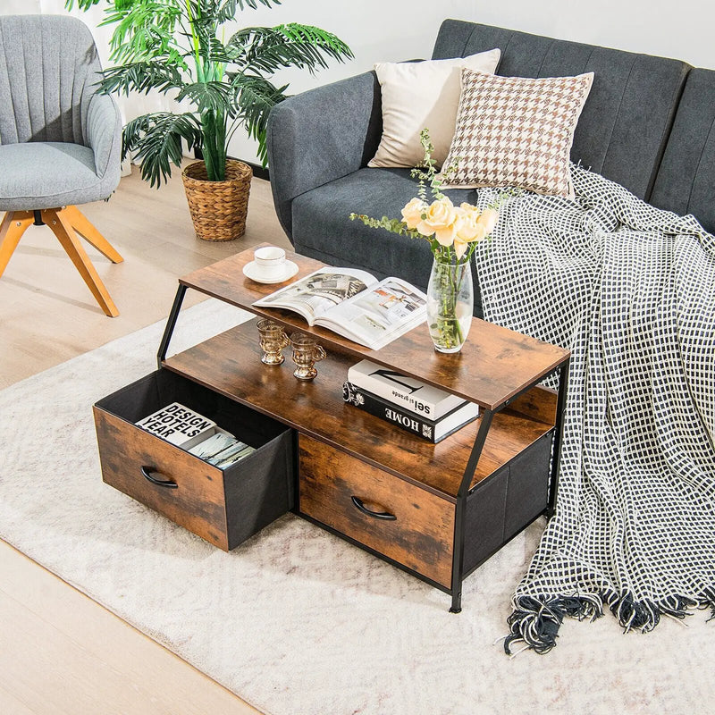 Dresser TV Stand with 2 Folding Fabric Drawers and Open Shelves-Rustic Brown by DirectDeals
