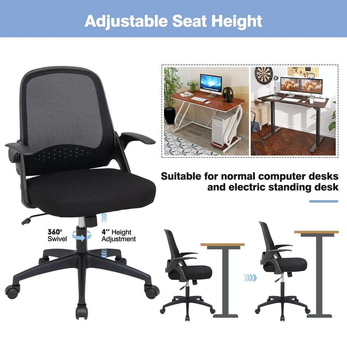 Adjustable Mesh Office Chair Rolling Computer Desk Chair with Flip-up Armrest, photo 7 of 9