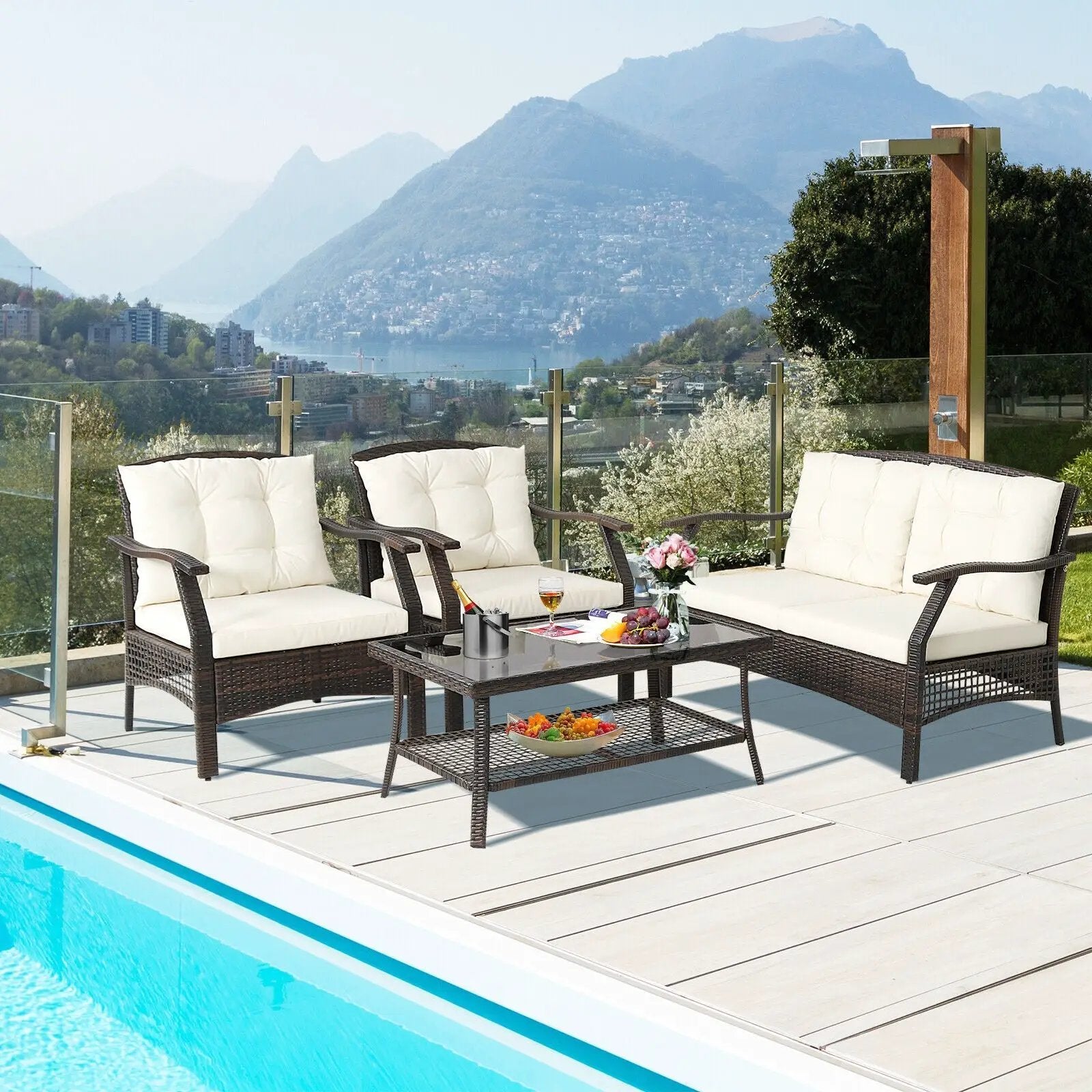 4 Pieces Outdoor Rattan Conversation Set with Protective Cover by DirectDeals
