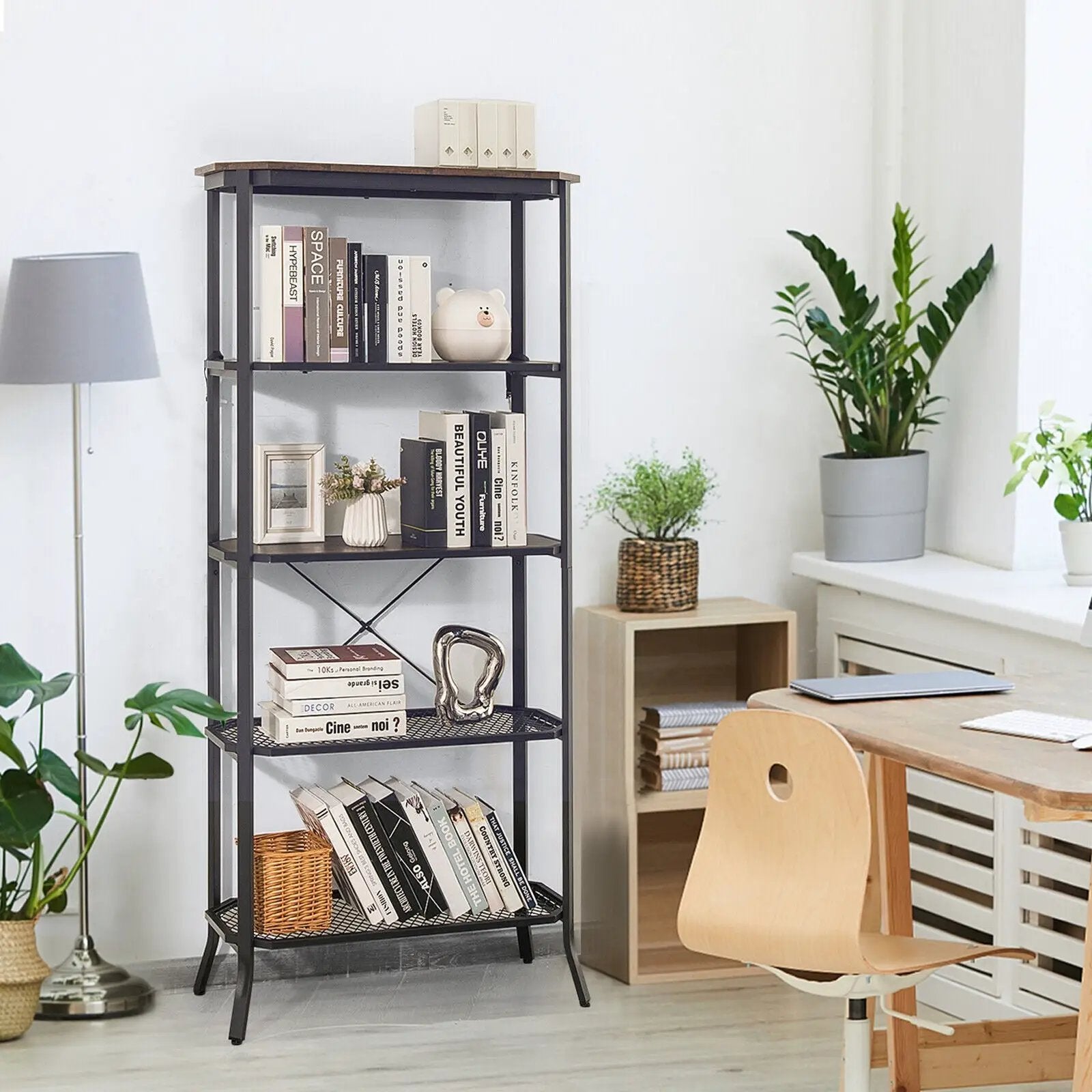 Industrial 5-Layer Bookshelf with Out-Stretched Legs-Rustic Brown by DirectDeals