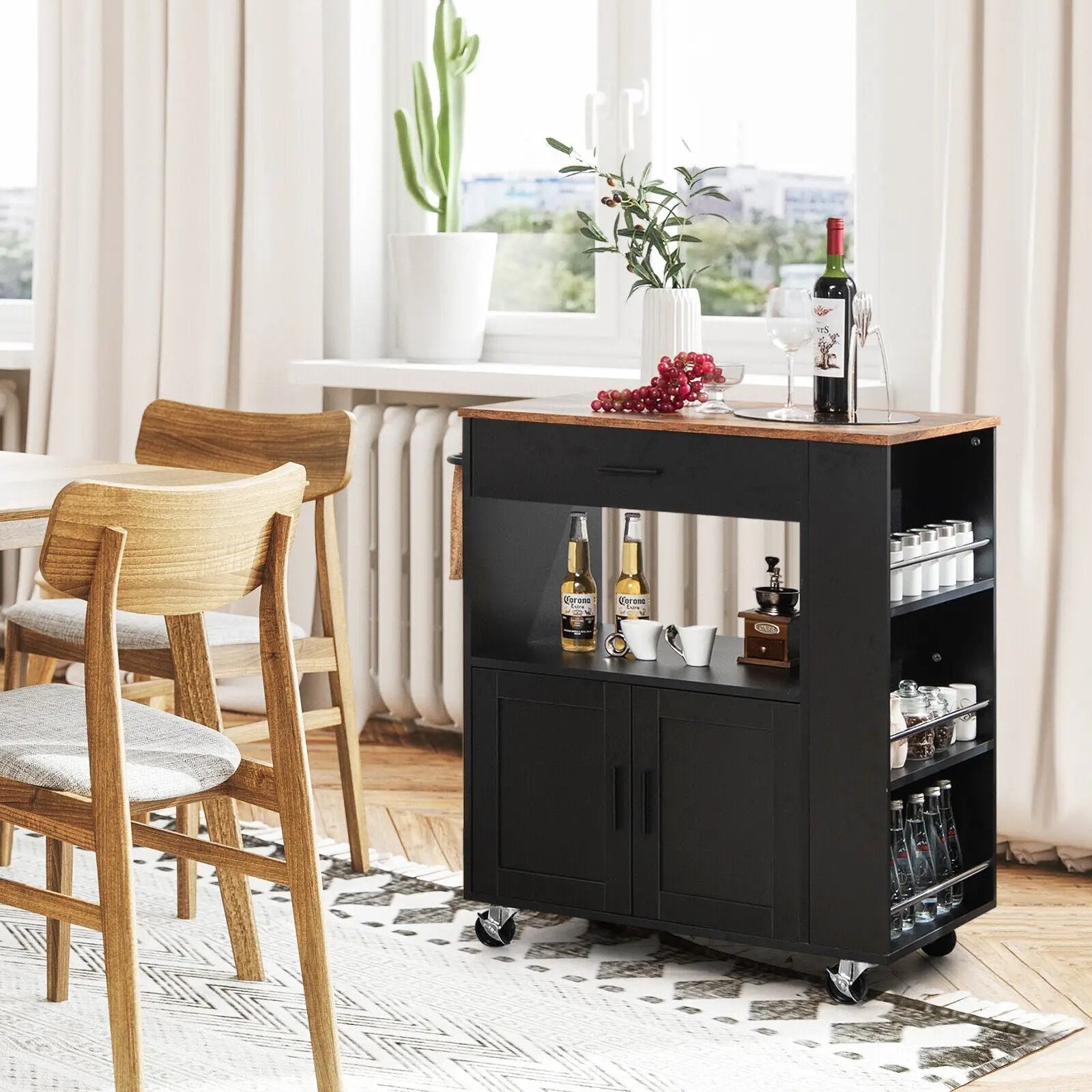Rolling Kitchen Trolley with 3 Spice Racks Drawer and Open Shelf by DirectDeals