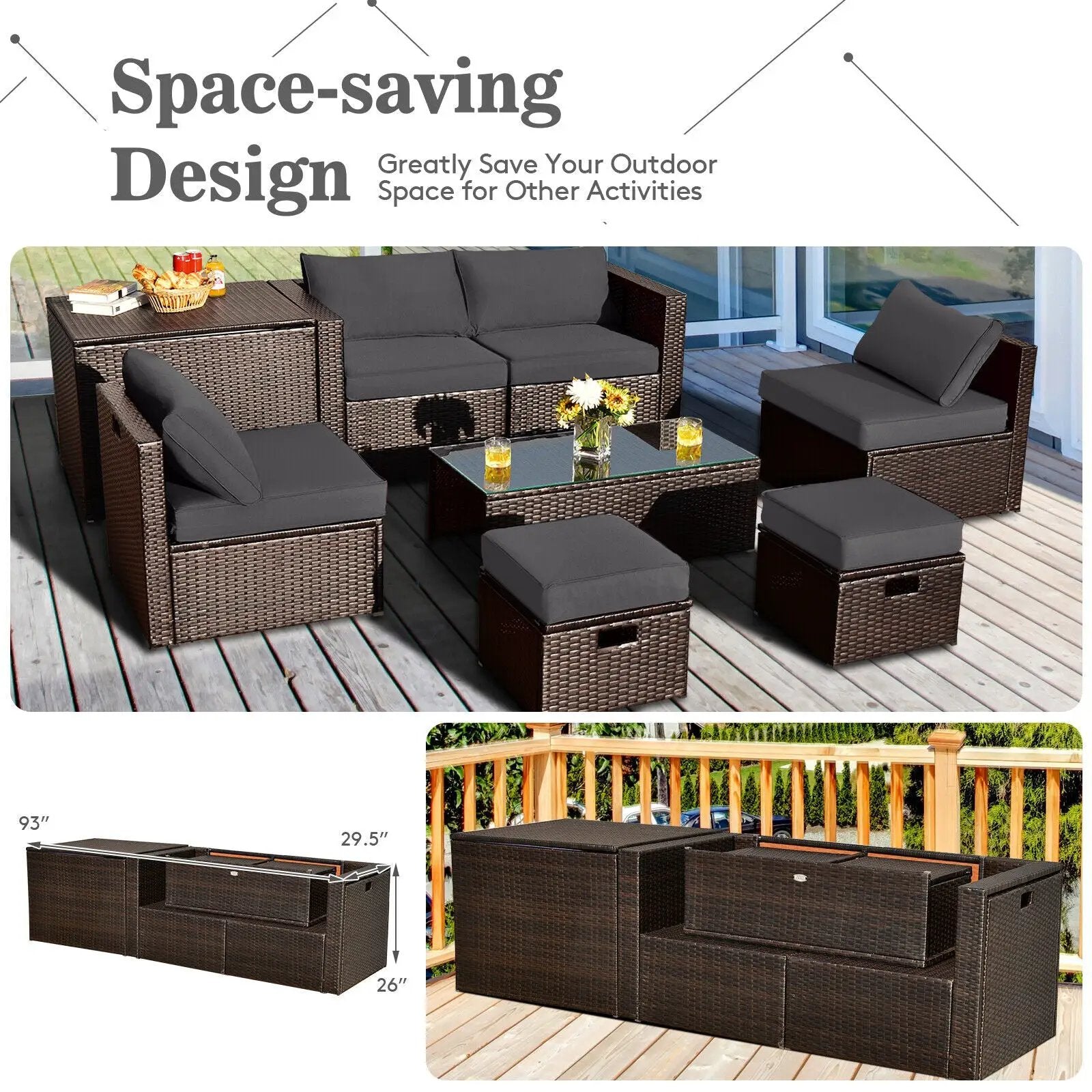 8 Pieces Patio Space-Saving Rattan Furniture Set with Storage Box and Waterproof Cover-Gray by DirectDeals