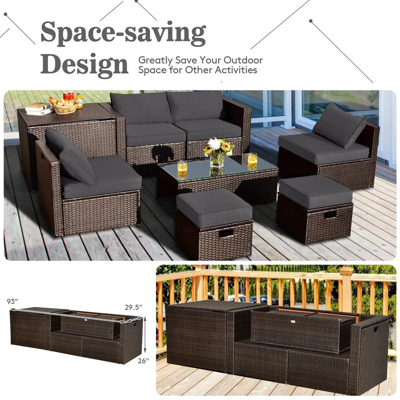 8 Pieces Patio Space-Saving Rattan Furniture Set with Storage Box and Waterproof Cover-Gray by DirectDeals
