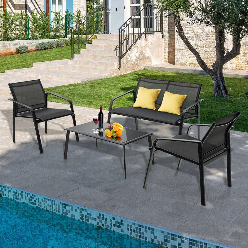 4 Pieces Patio Furniture Set with Armrest Loveseat Sofas and Glass Table Deck by DirectDeals