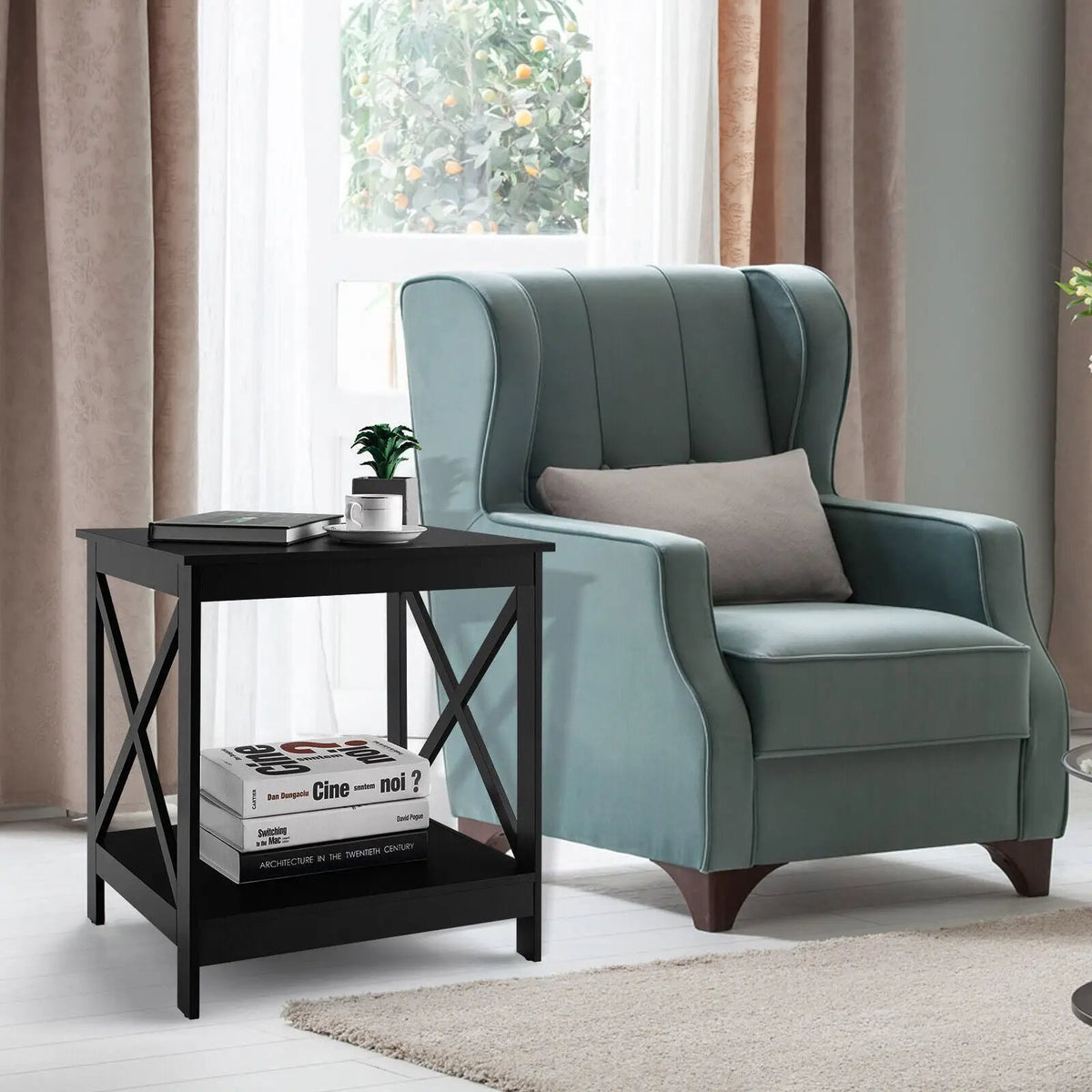 2-Tier Side Table with X-shape Design and 4 Solid Legs, photo 3 of 21