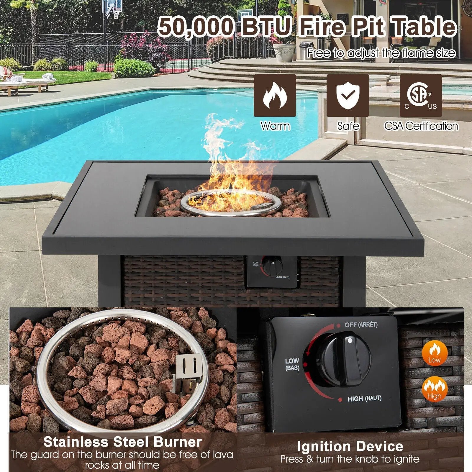 32 Inch Square Propane Fire Pit Table with Lava Rocks Cover by DirectDeals