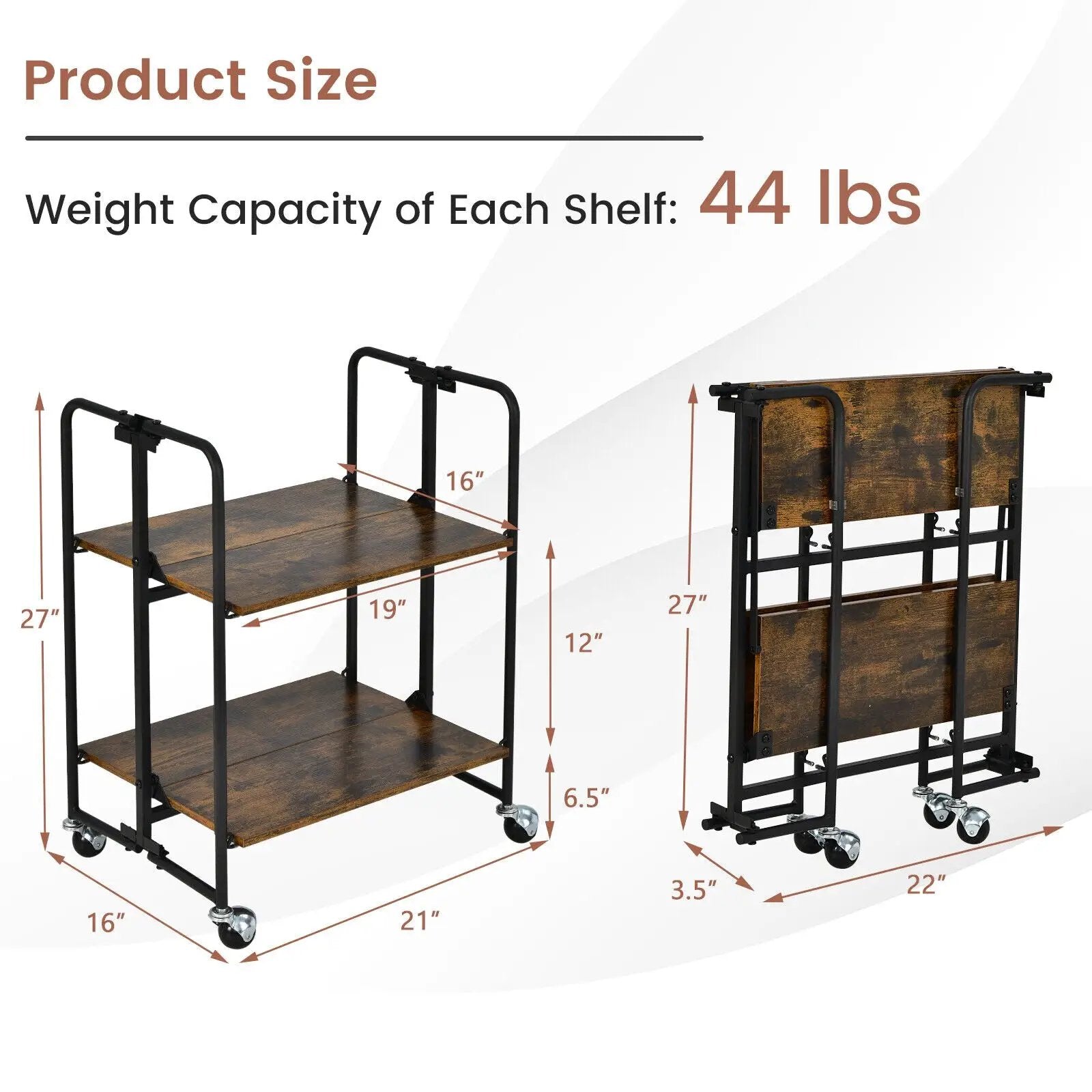Folding Rolling Cart with Metal Frame-2-Tier by DirectDeals
