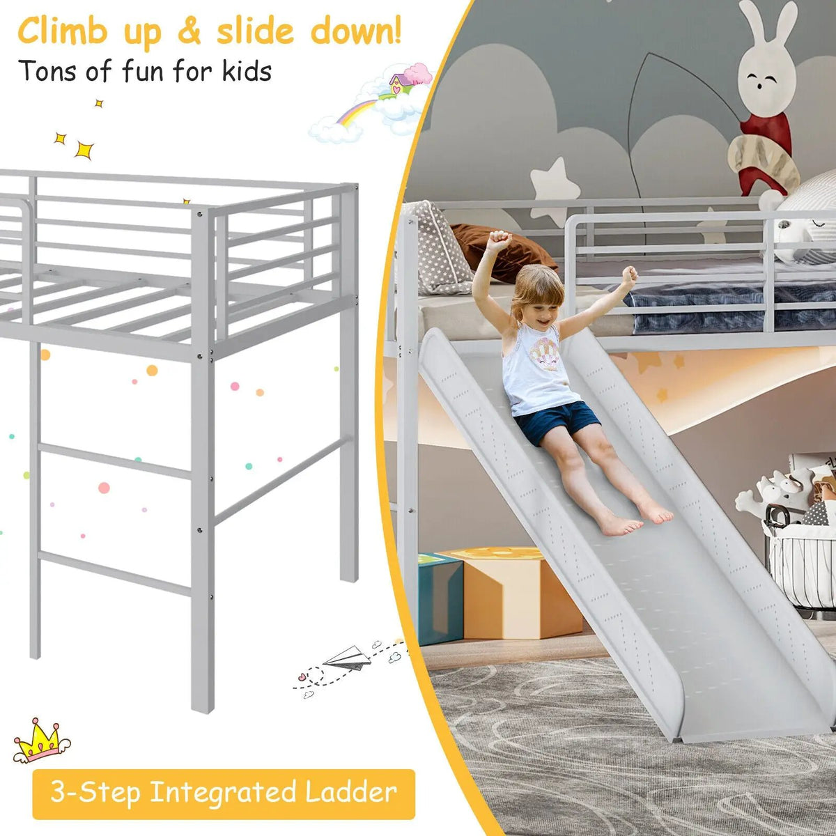 Twin Metal Loft Bed with Slide Safety Guardrails and Built-in Ladder, photo 7 of 10