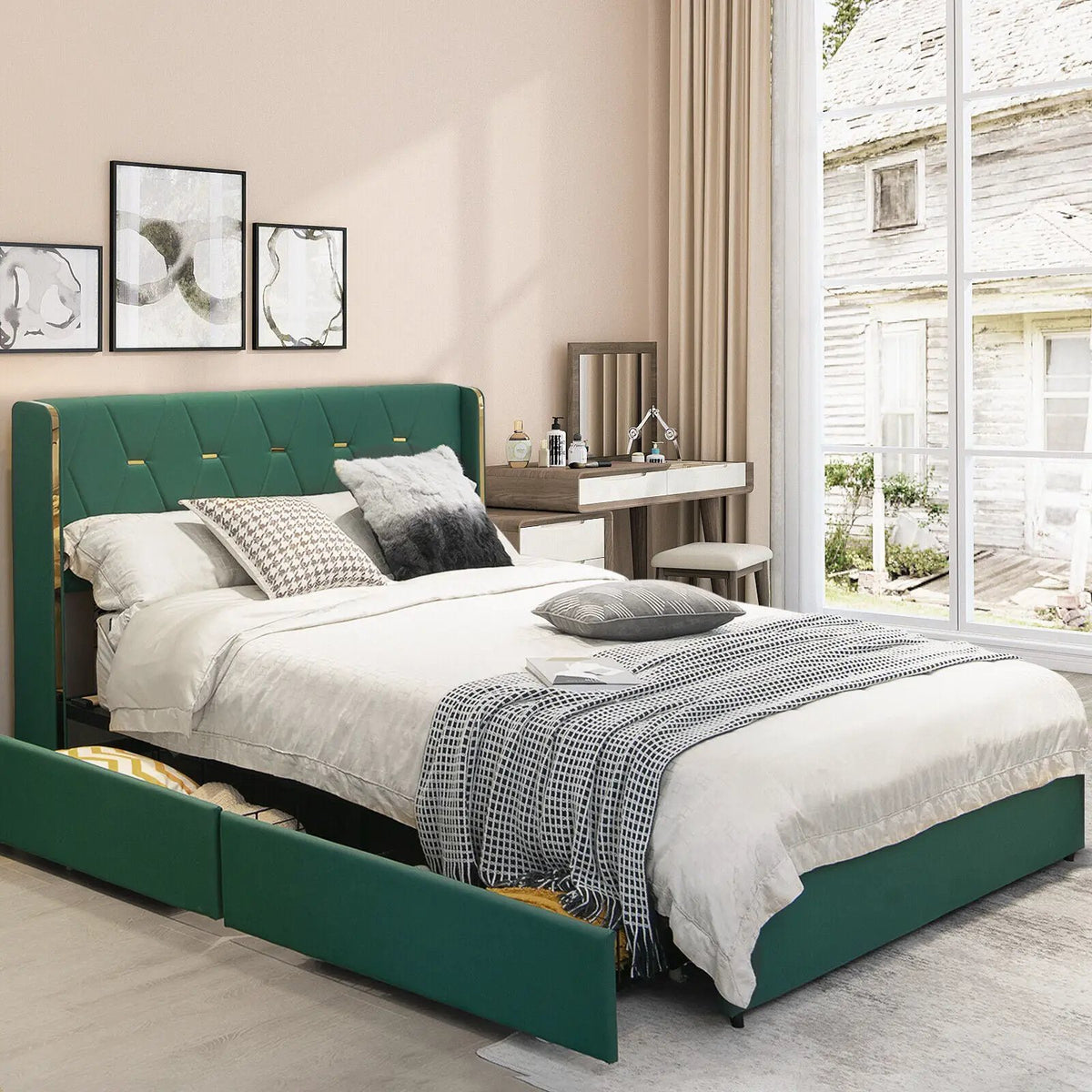 Full/Queen Size Upholstered Bed Frame with 4 Drawers-Green, photo 8 of 9