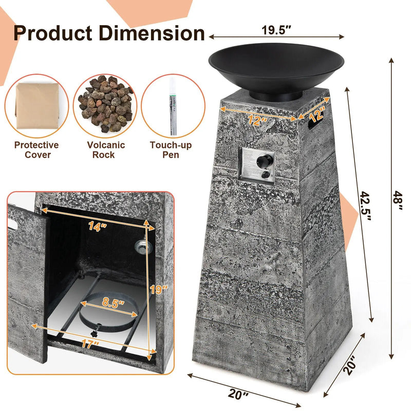 48 Inch Propane Fire Bowl Column with Lava Rocks and PVC Cover-Gray by DirectDeals